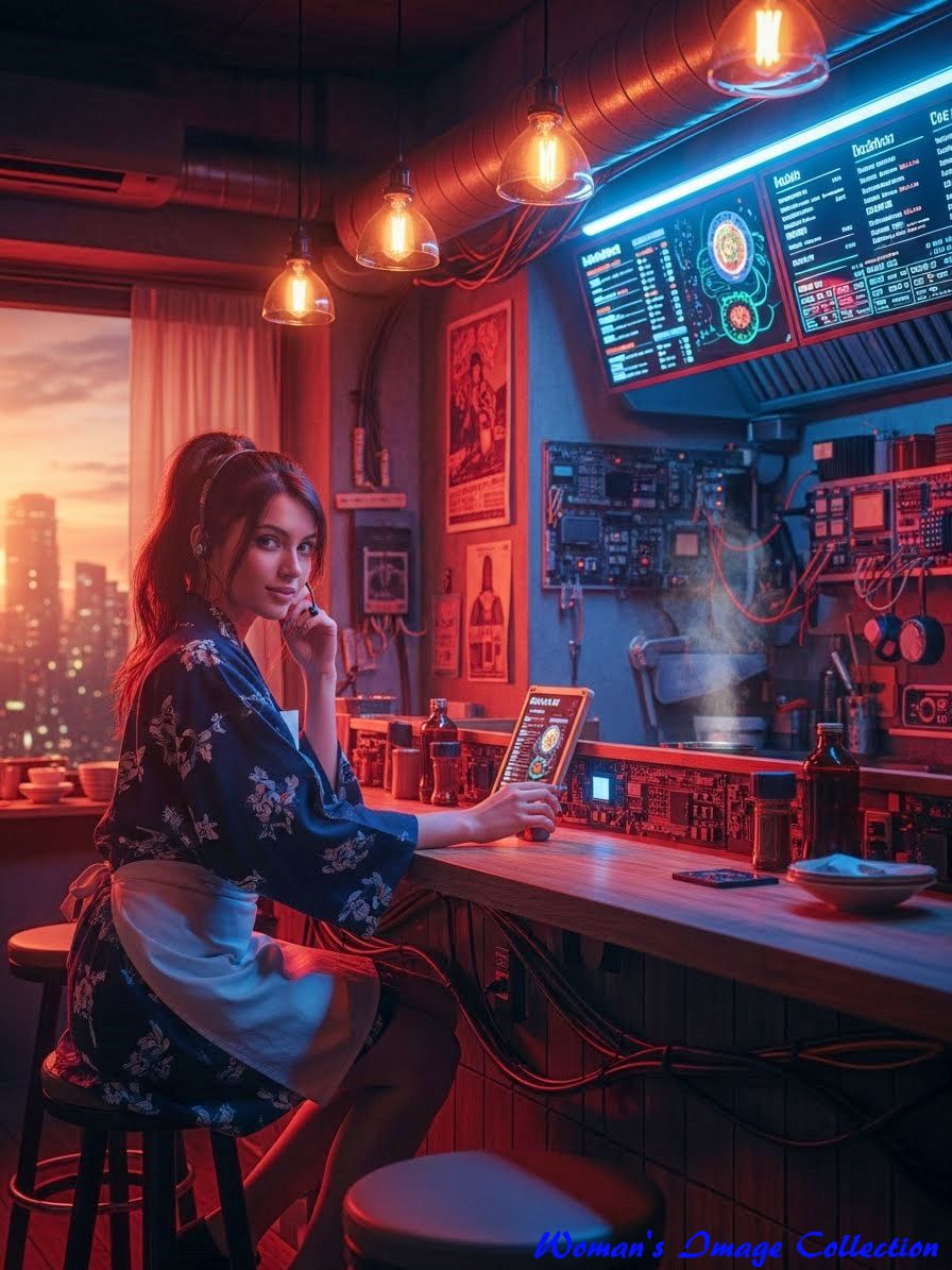 窓の外に未来都市が見える食堂の風景、配線が露出した壁と木製カウンター、リアルな質感2