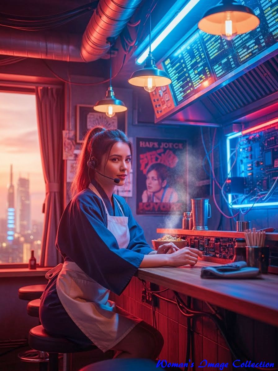 ネオン光に照らされたポニーテールの日本人女性、微笑む表情、デジタルメニューが表示された未来の店内1