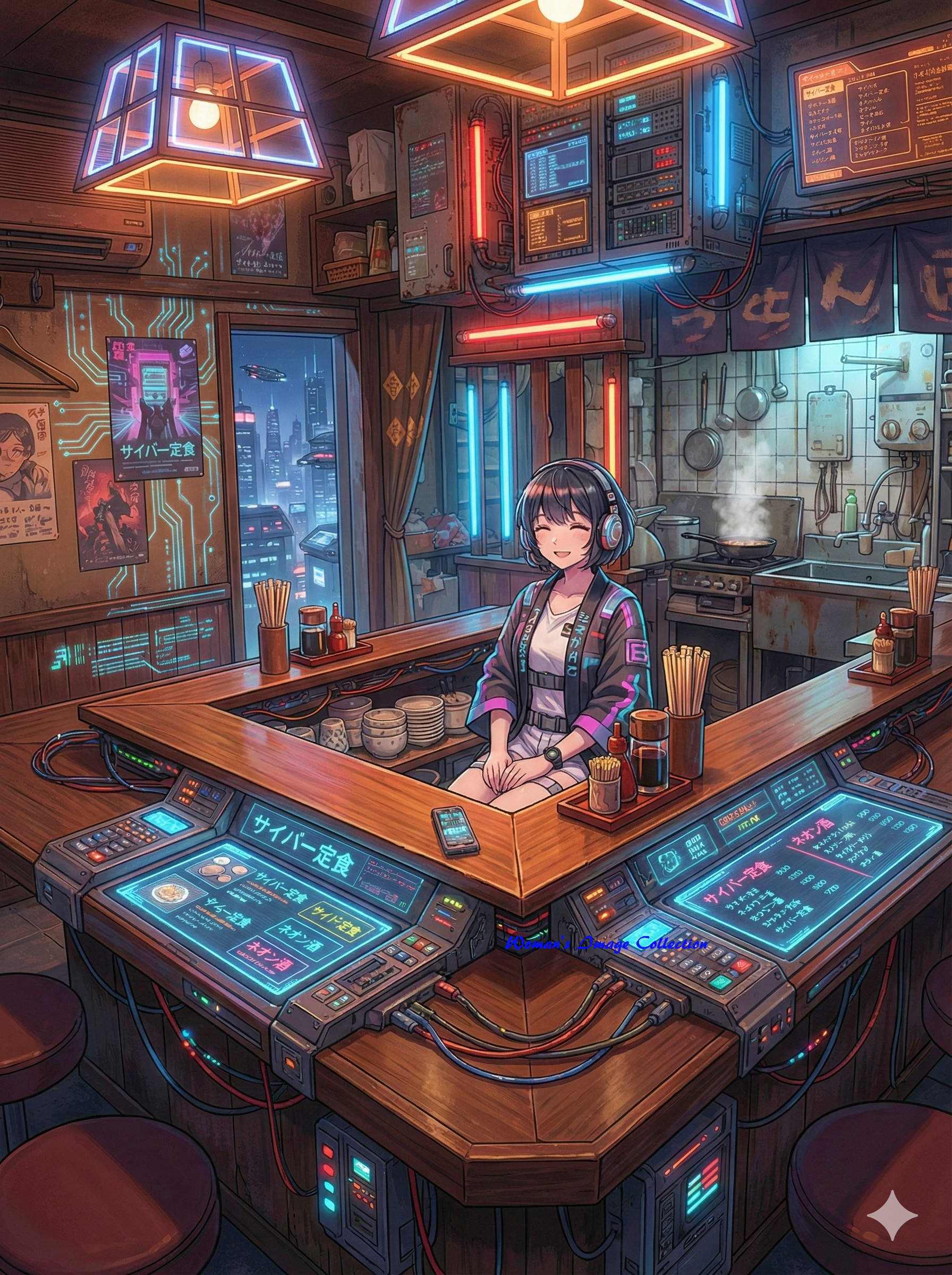 ネオン光に照らされたポニーテールの日本人女性、微笑む表情、デジタルメニューが表示された未来の店内3