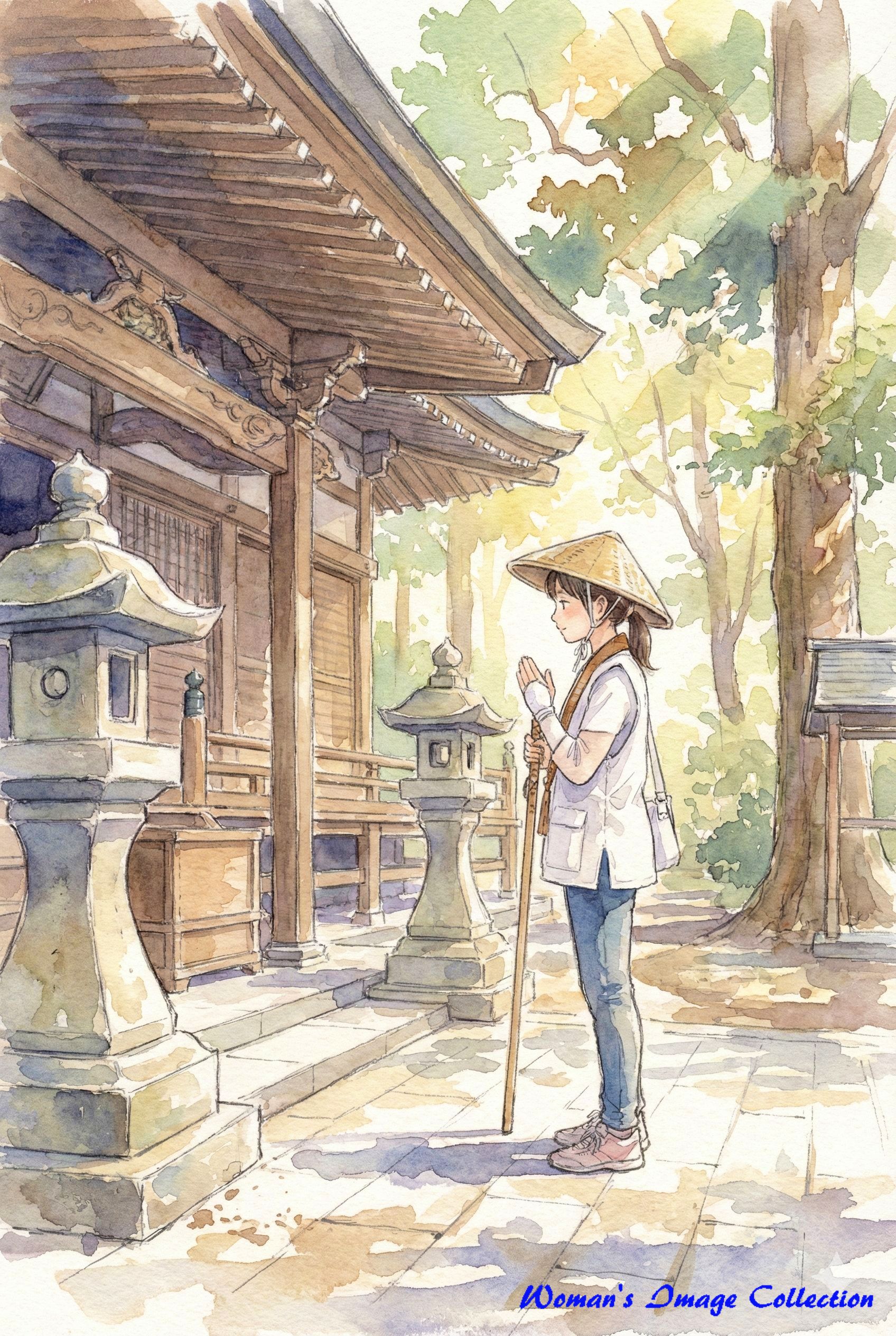 四国八十八か所をお参りしている女性のイラスト