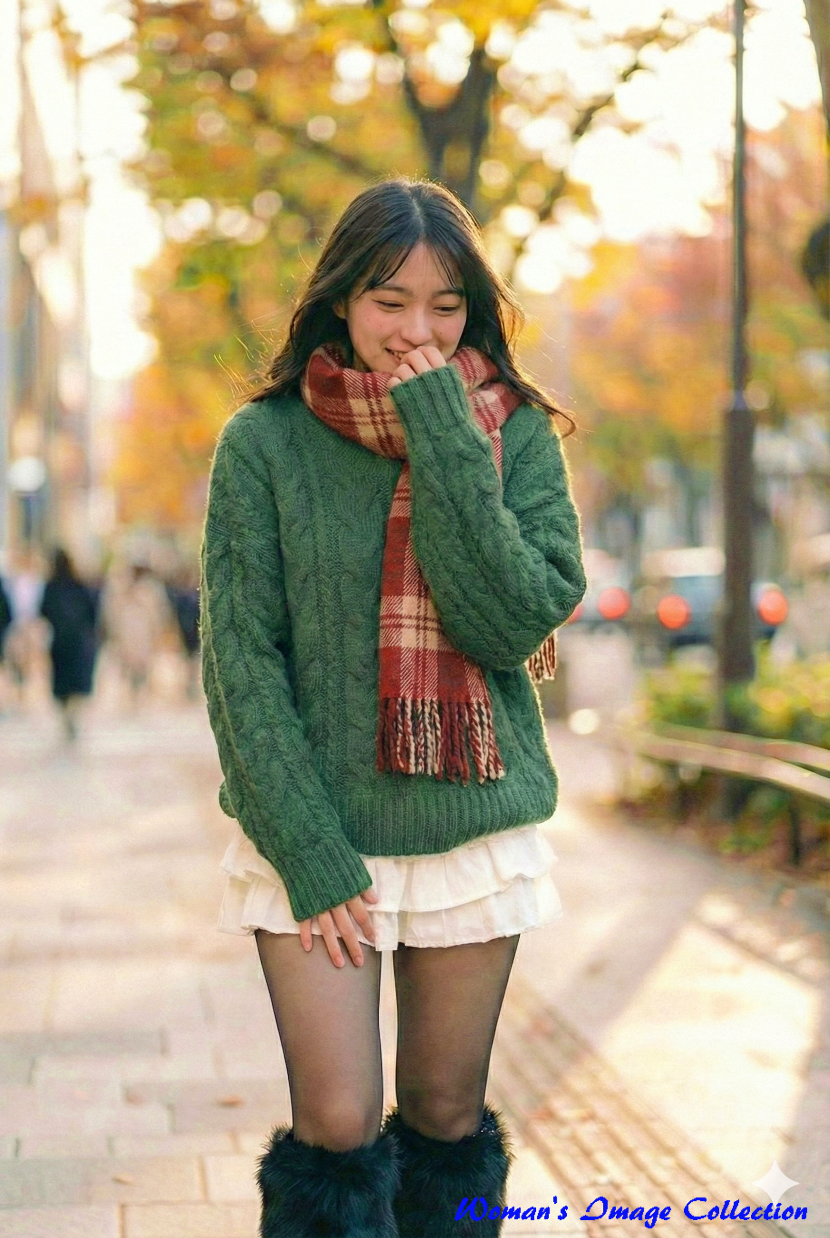 ケーブルニットとタータンチェックマフラーの秋コーデ