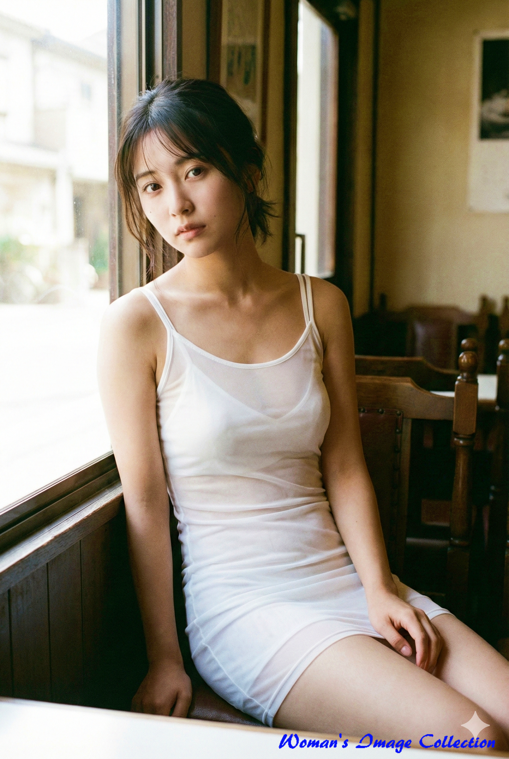 自然光の中でくつろぐキャミソールワンピースの女性