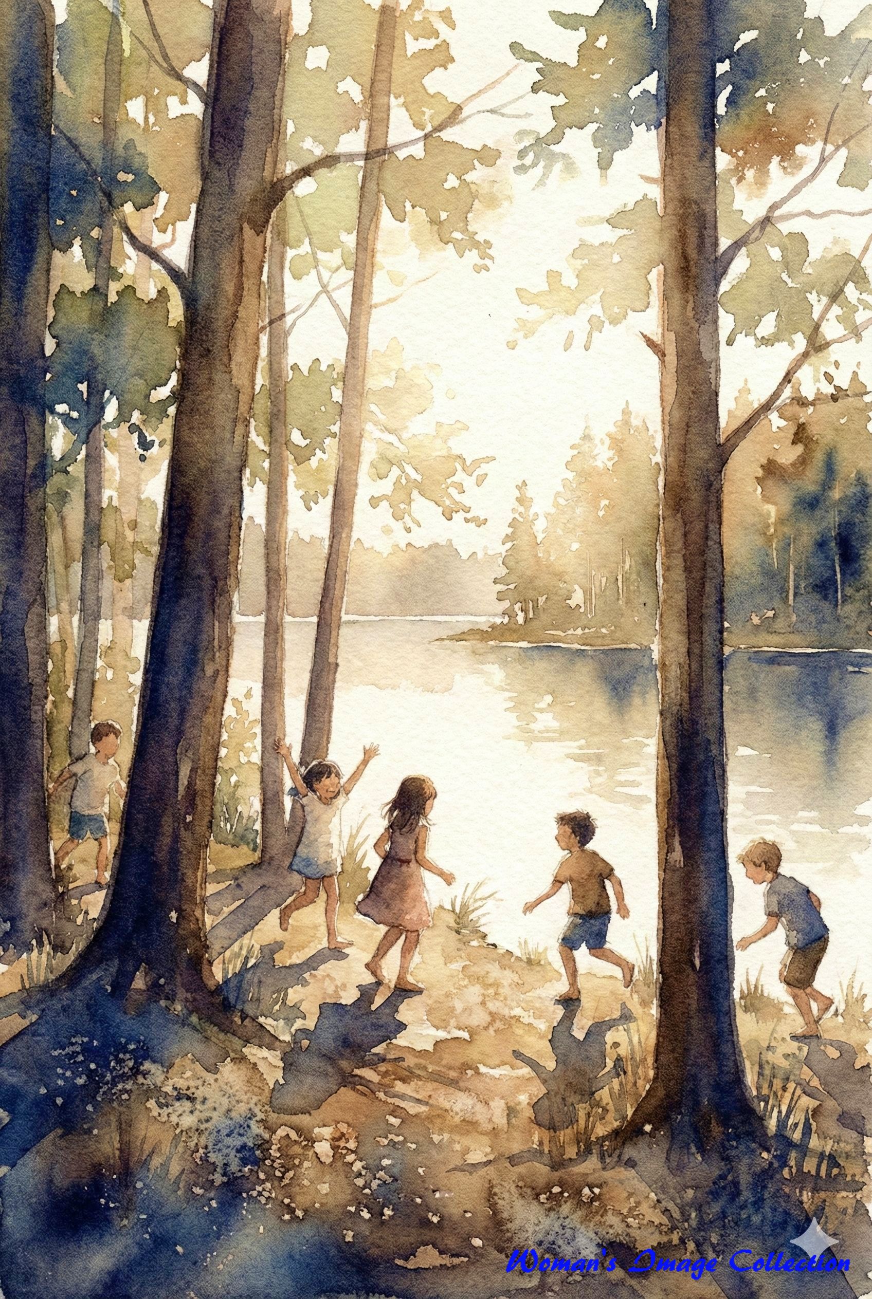 森の中の湖で遊ぶ子供たちのイラスト