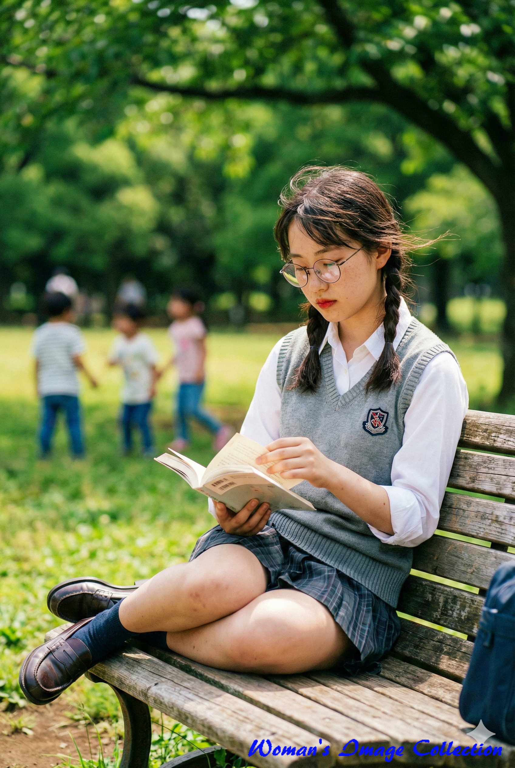景の子供たちをぼかし、読書する少女にピントを合わせたボケ感の表現