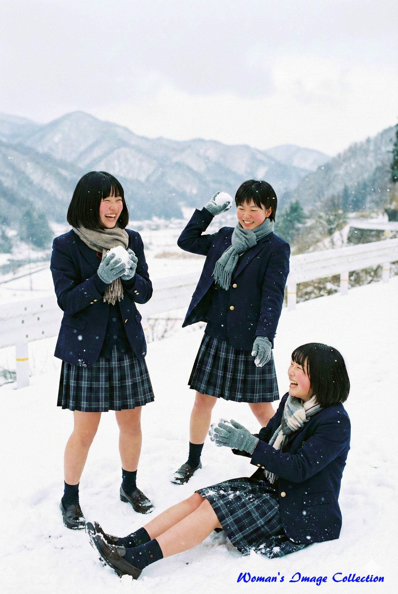 雪の中で遊ぶ日本の女子高生たちの