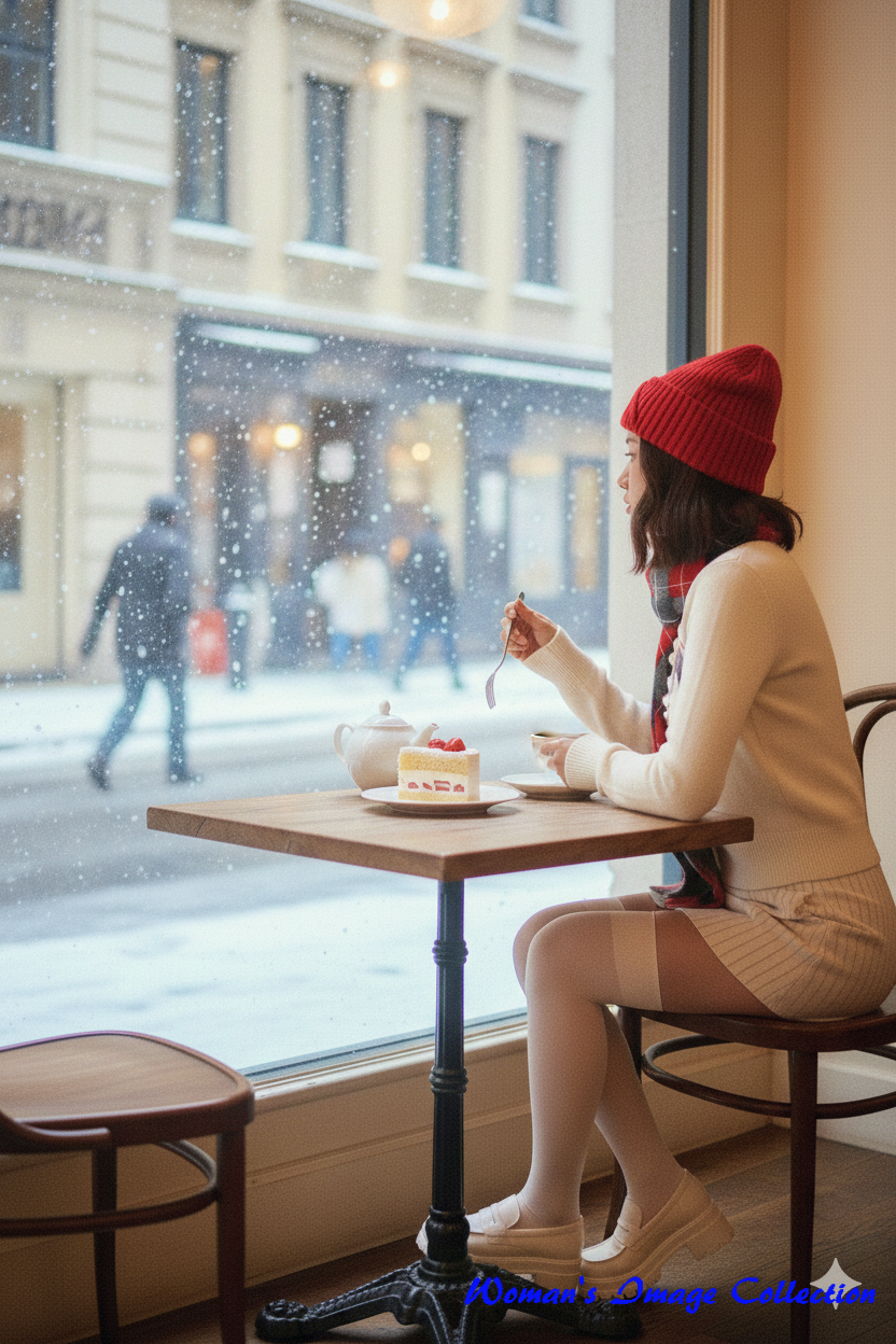雪景色の窓の外を眺めながらティータイムを過ごす冬のポートレート