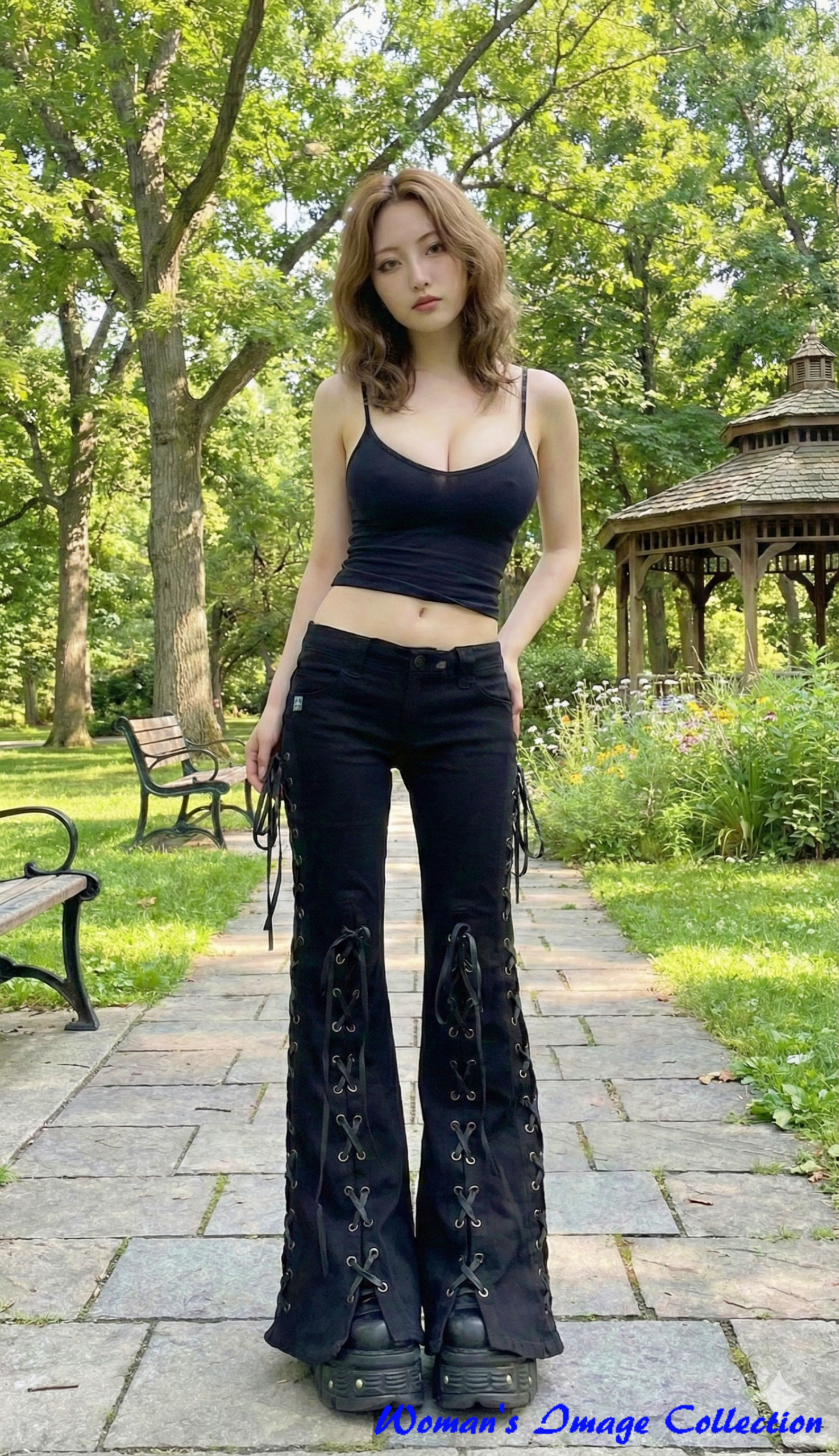 公園の緑を背景に、黒のキャミソールと複雑な編み上げデザインの黒パンツを履いた日本人女性の全身写真