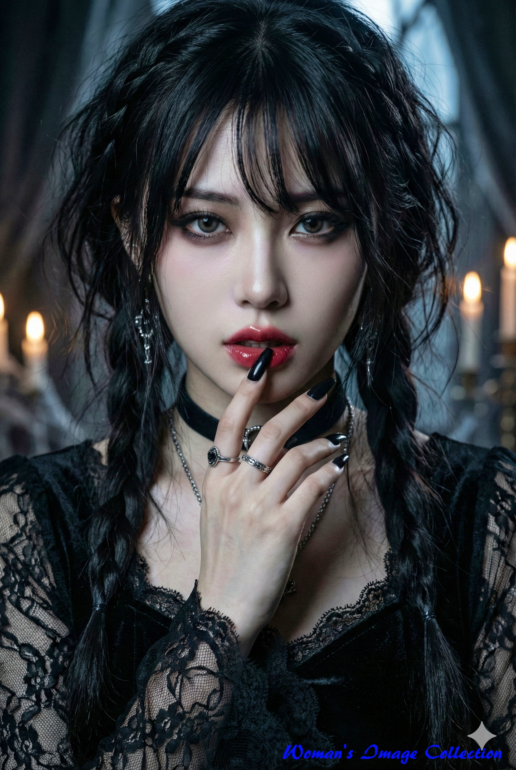 黒のレースドレスを着た日本人の若い女性が、薄暗いゴシック館でカメラをじっと見つめるポートレート。劇的なサイドライトと青白い肌が特徴。ImageFX使用。