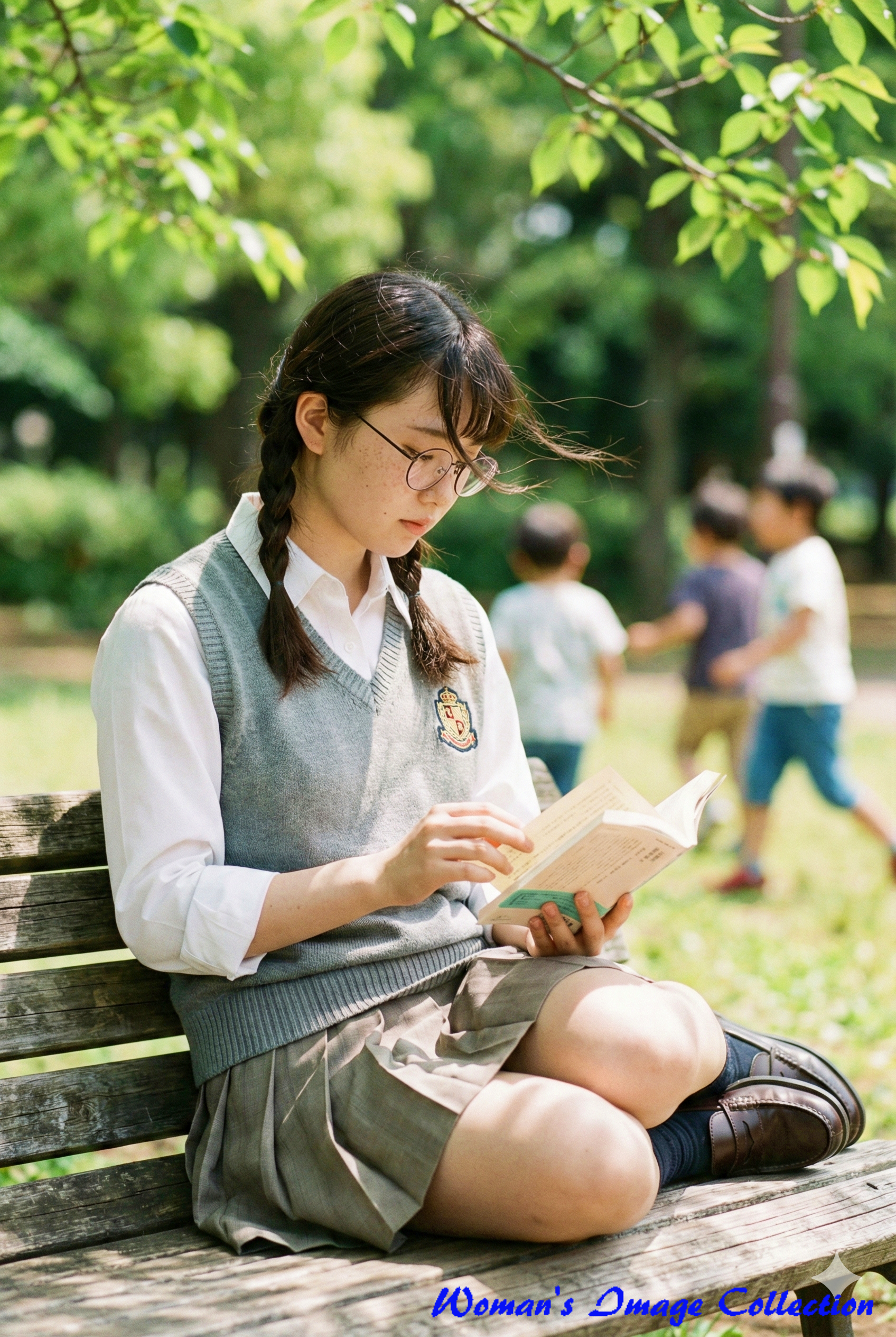 木漏れ日の差す公園のベンチで読書をする、三つ編みで眼鏡をかけた女子学生の実写風AI画像