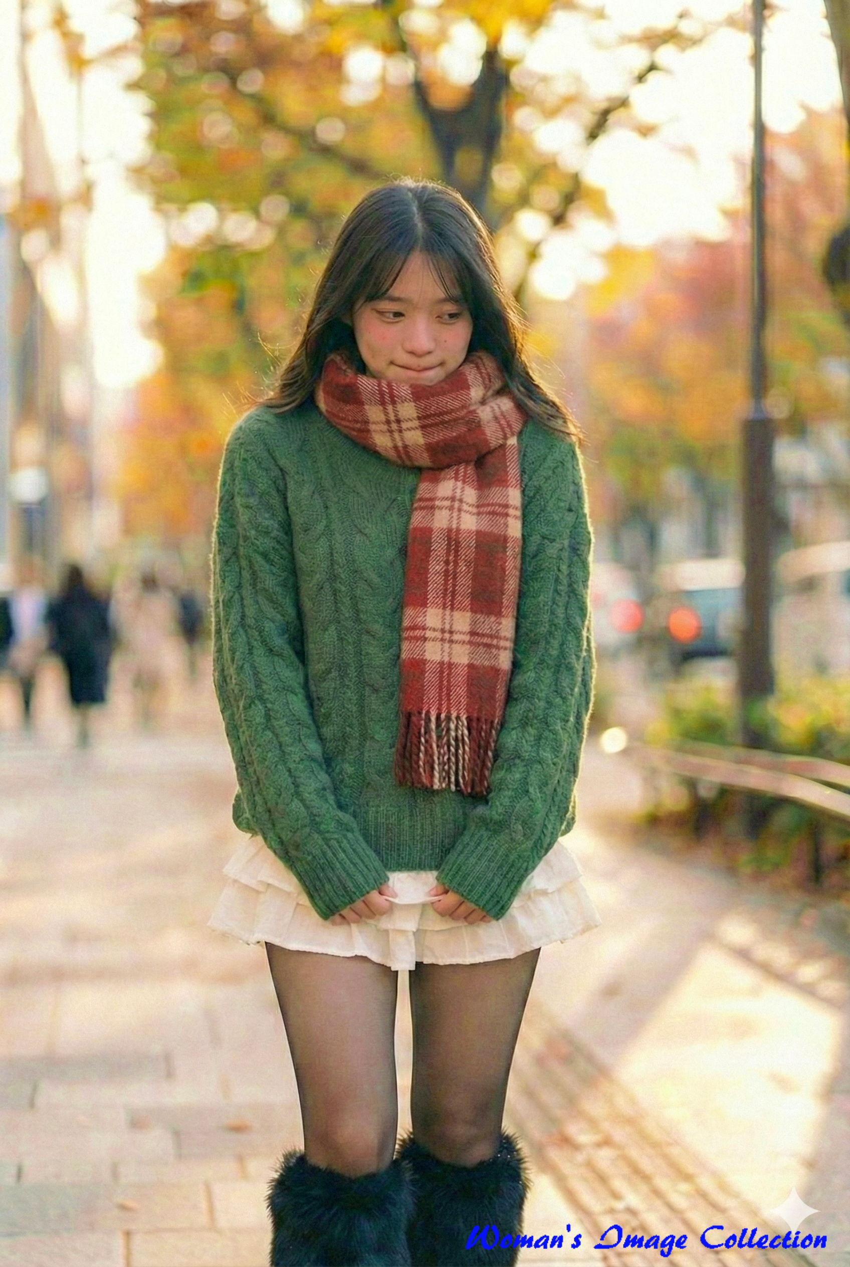 琥珀色の秋の並木道に佇む、緑のニットと赤チェックマフラーの女性