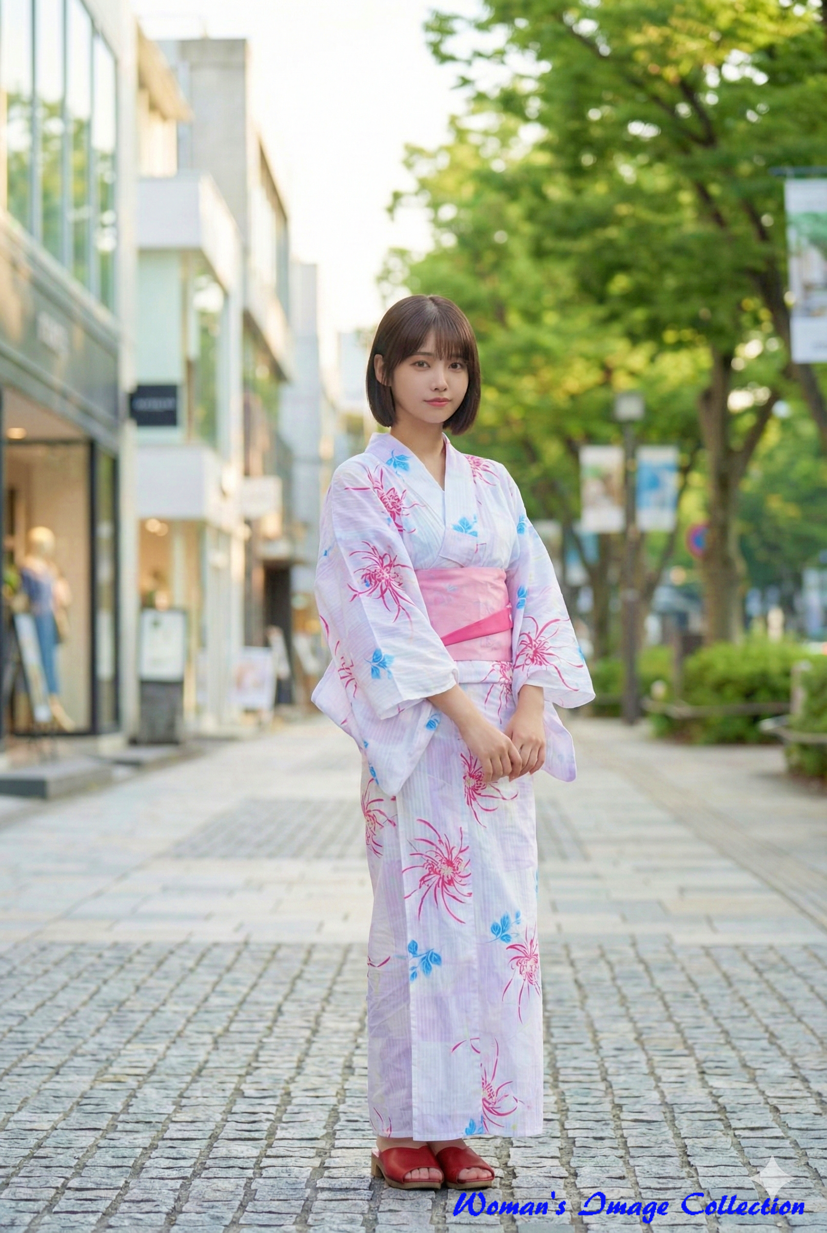 木漏れ日の中でパステルカラーの浴衣を着て微笑むボブヘアの女性のAI画像