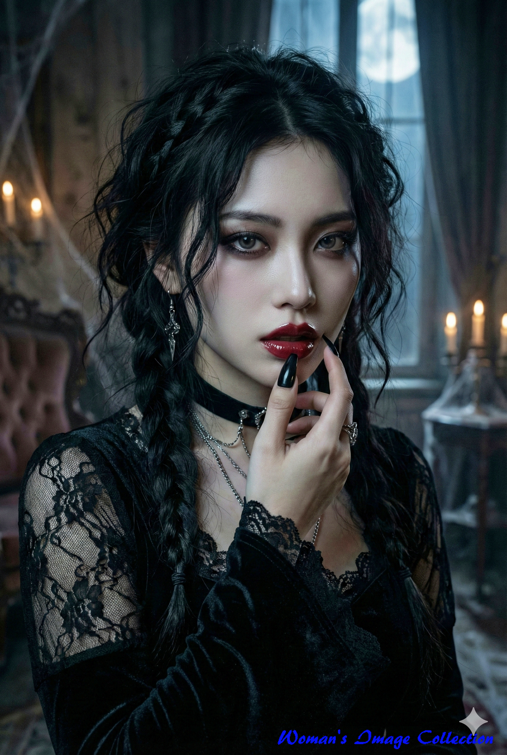 真紅の強い照明に照らされた、ヴァンパイアのような雰囲気の日本人女性。黒髪と赤いリップが強調されている。