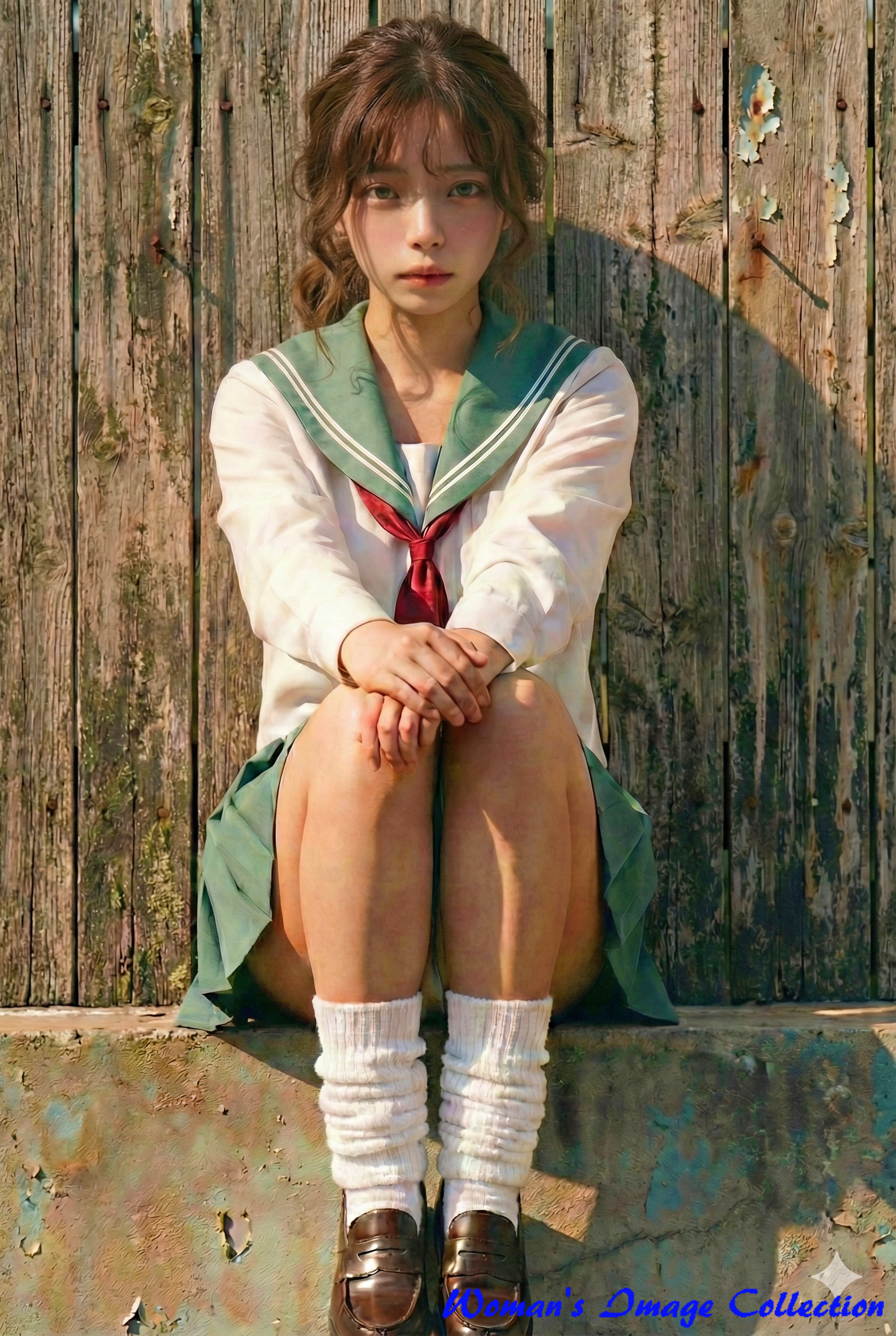 放課後の校舎裏、古い木の壁を背景にセーラー服姿で座って誰かを待つ少女のポートレート