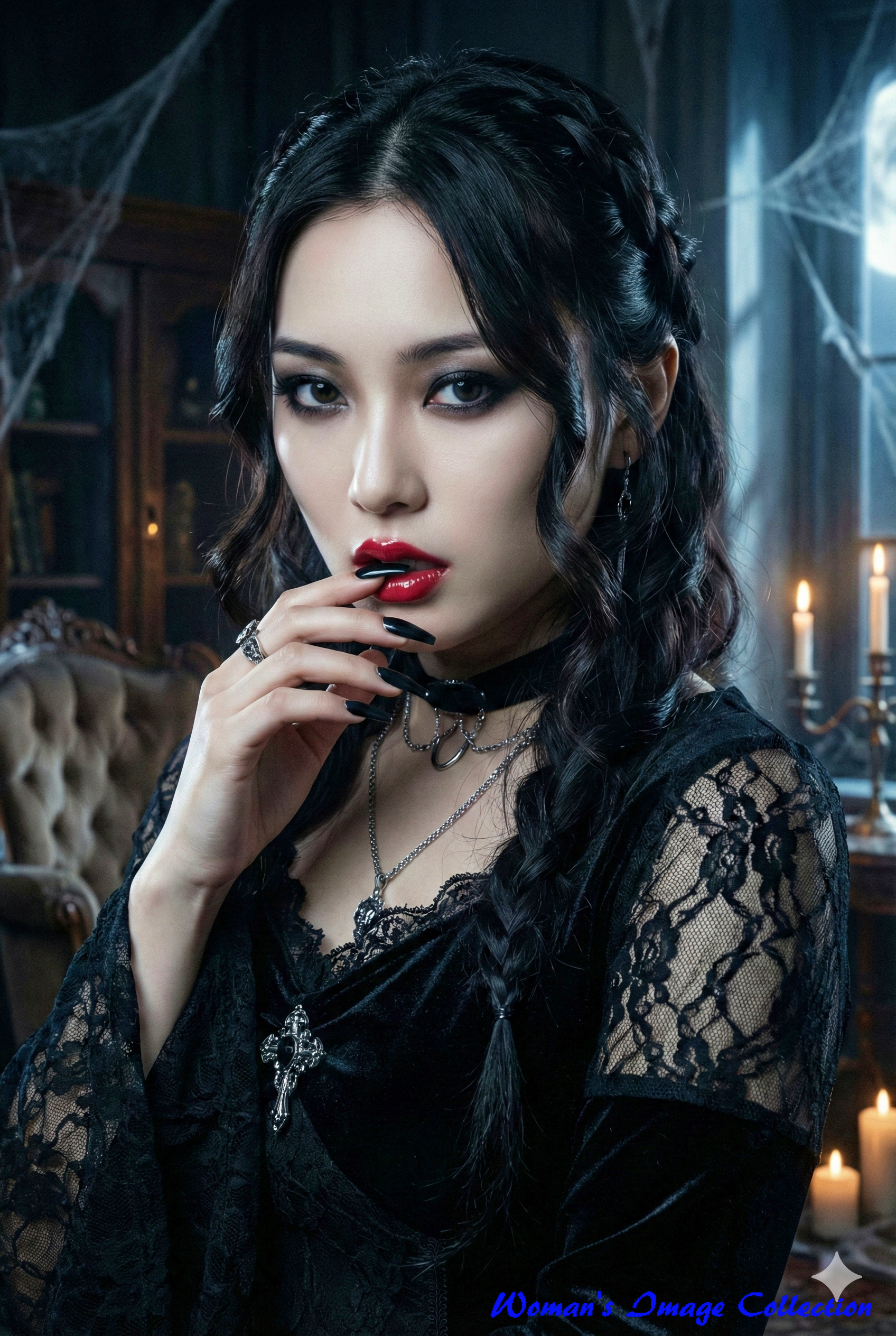 枯れた赤い薔薇を手に持ち、物憂げな表情を浮かべるゴシックドレスの女性。