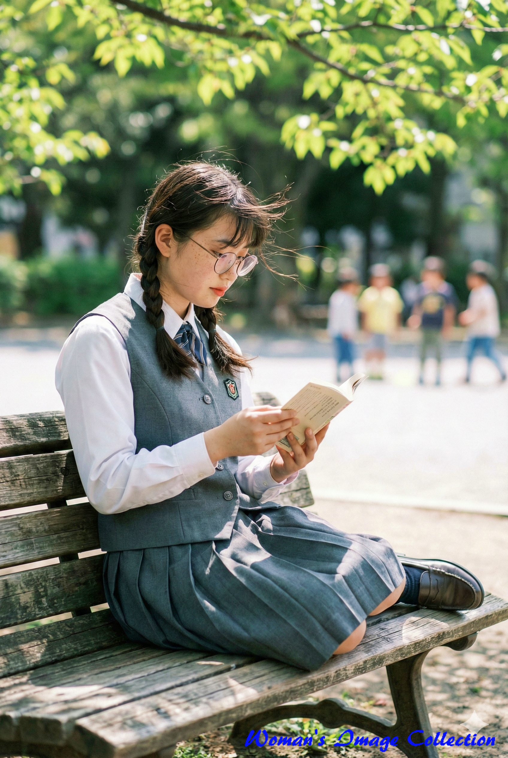 景の子供たちをぼかし、読書する少女にピントを合わせたボケ感の表現