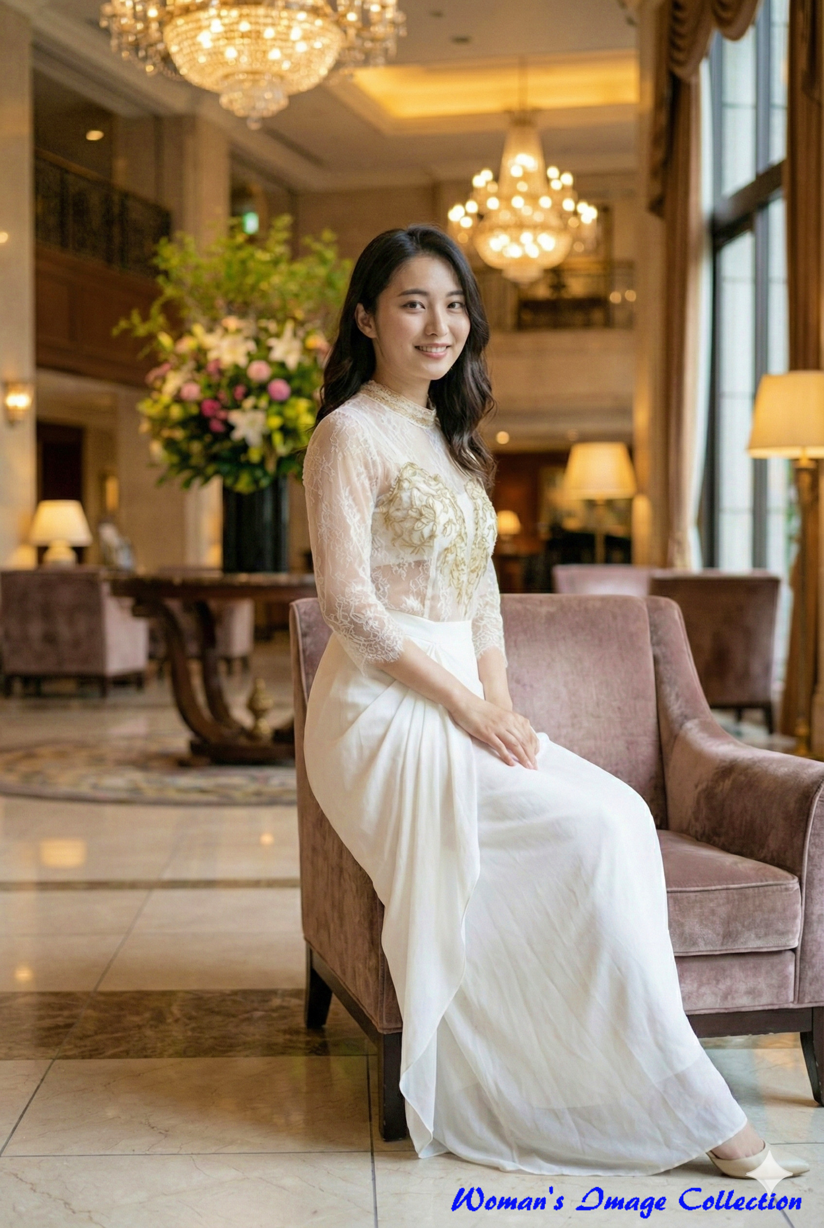 ホテルの椅子に腰掛けるエレガントな女性