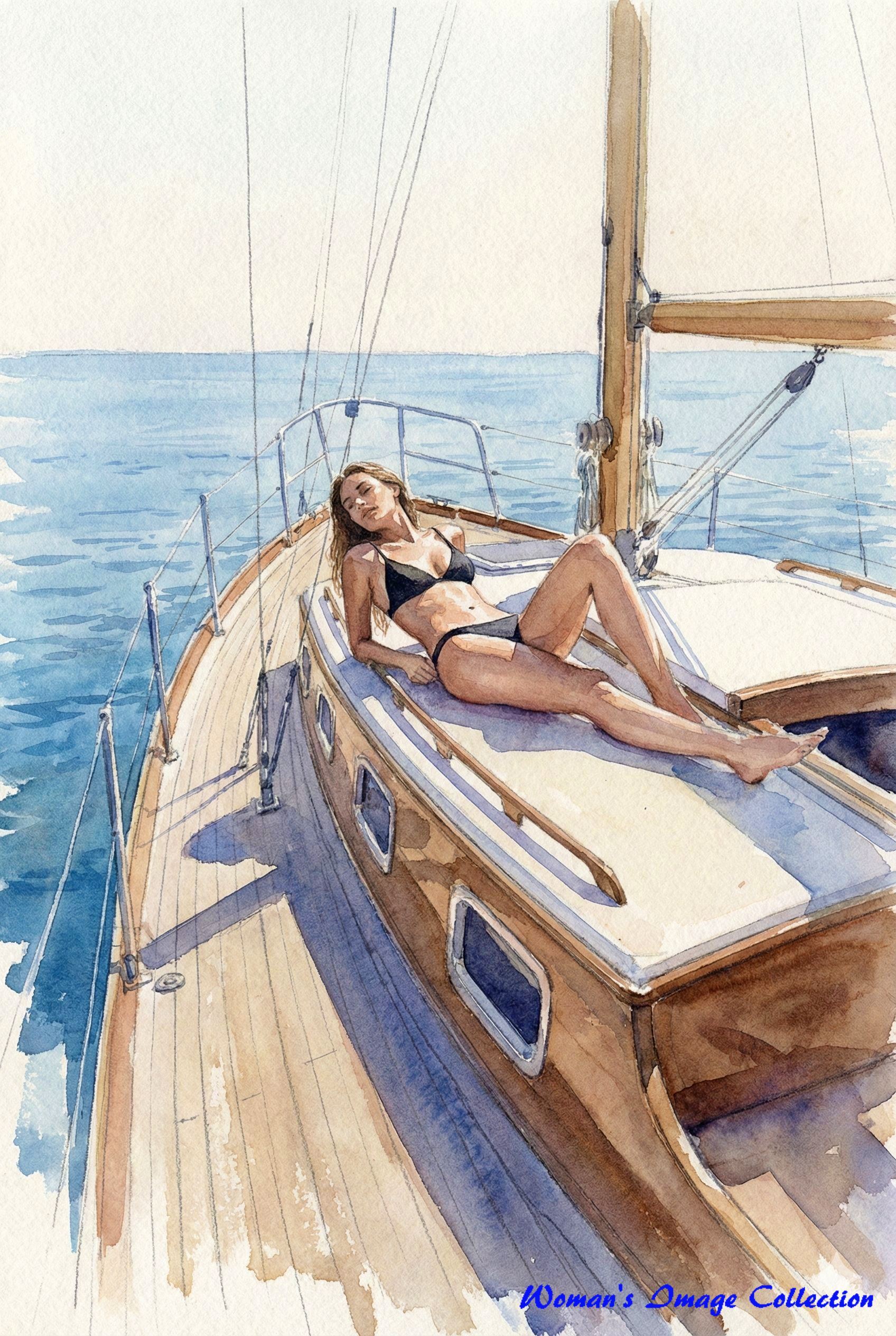 クルーザーで日光浴をする黒いビキニの女性