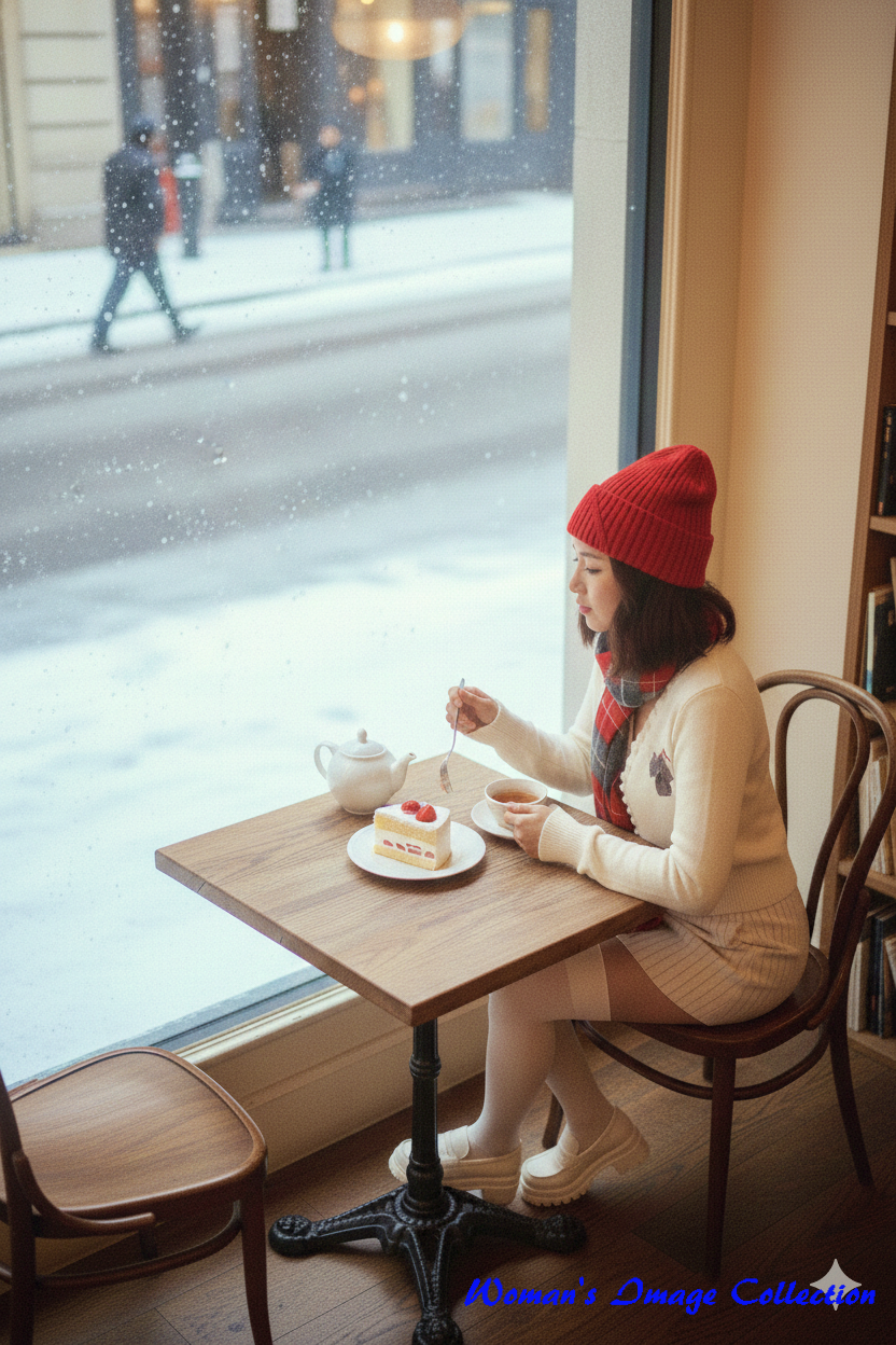 雪景色の窓の外を眺めながらティータイムを過ごす冬のポートレート