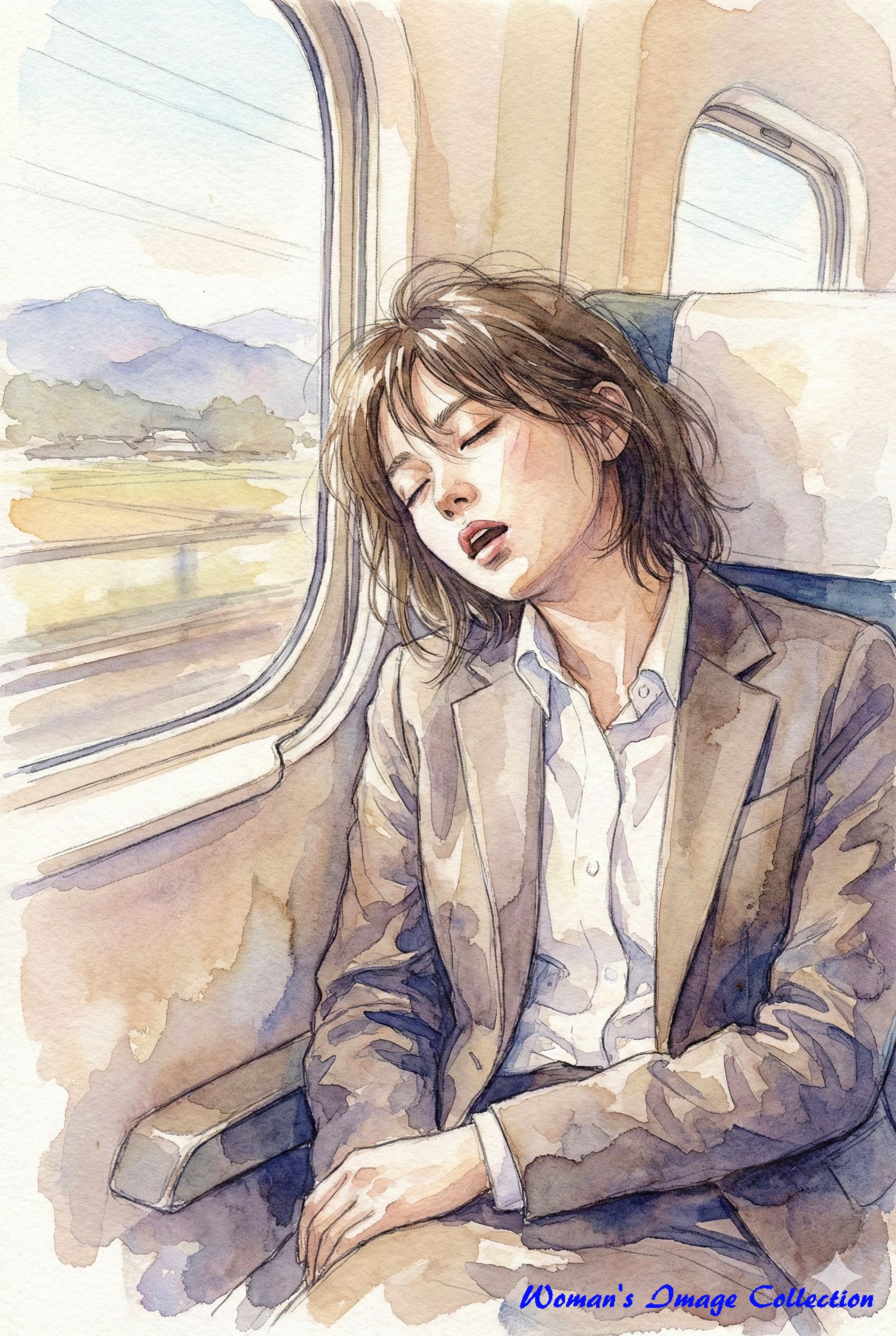 新幹線の座席で眠る女性