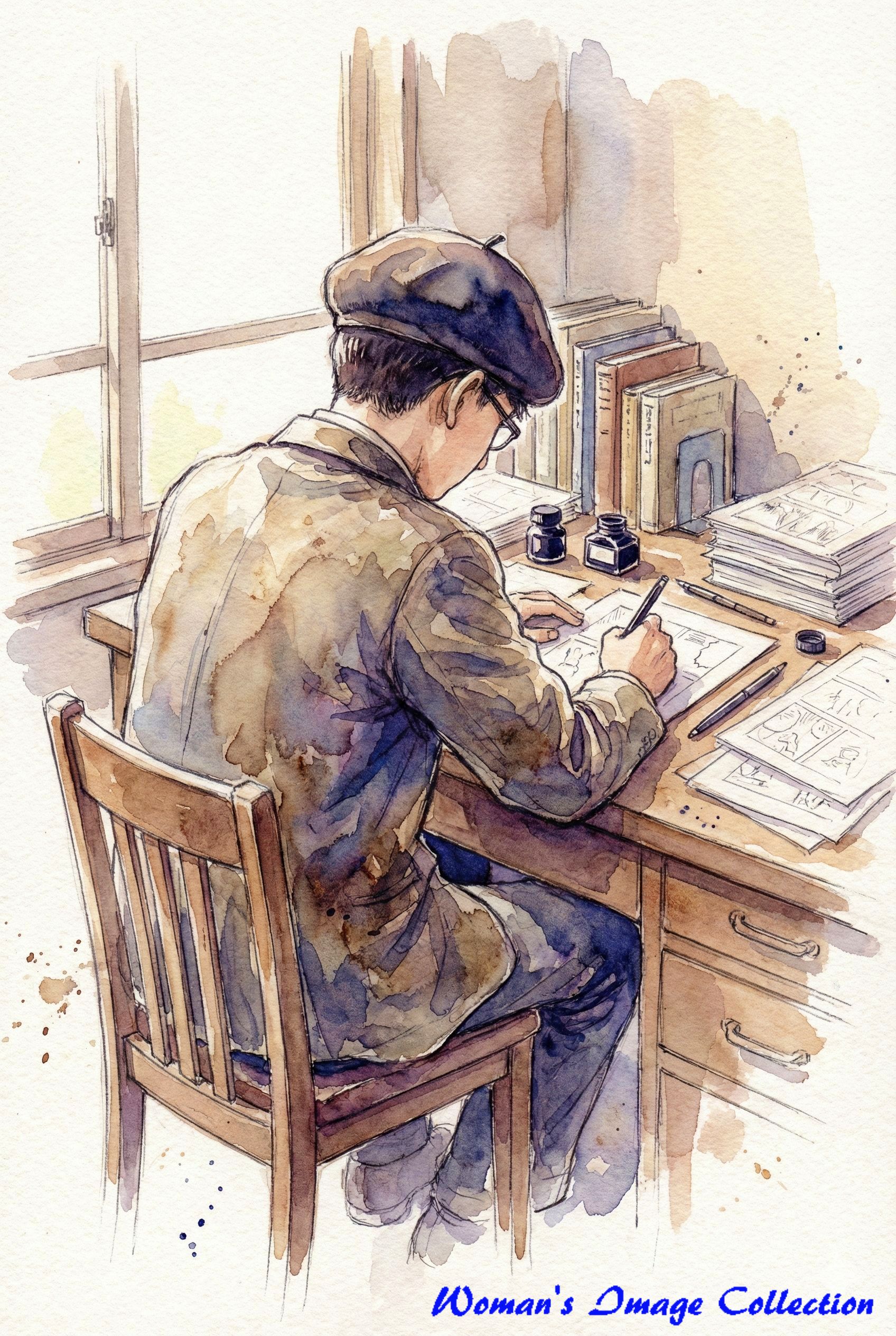漫画を書く若い手塚治虫先生の後ろ姿の水彩画イラスト