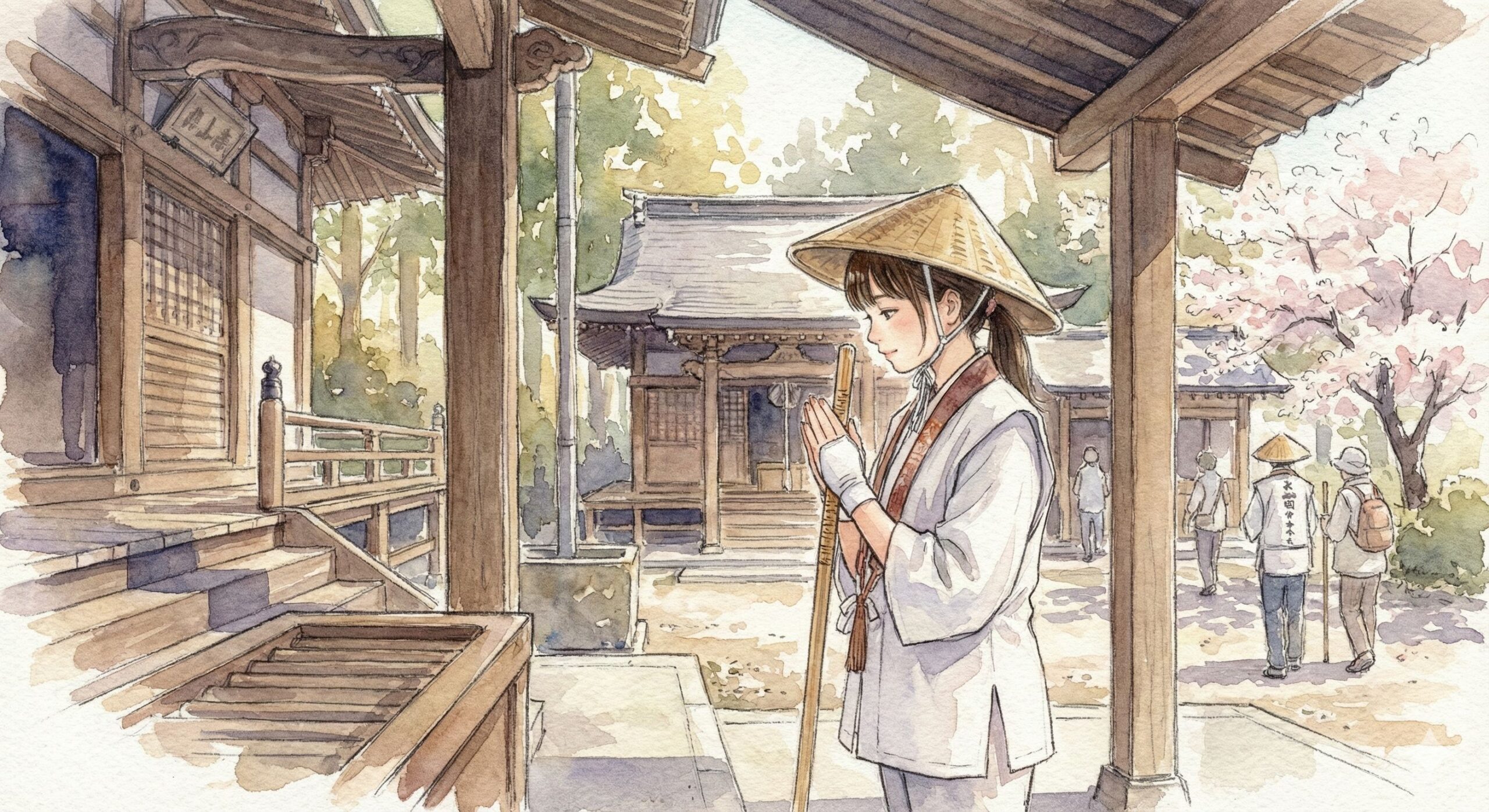 四国八十八か所をお参りしている女性のイラスト