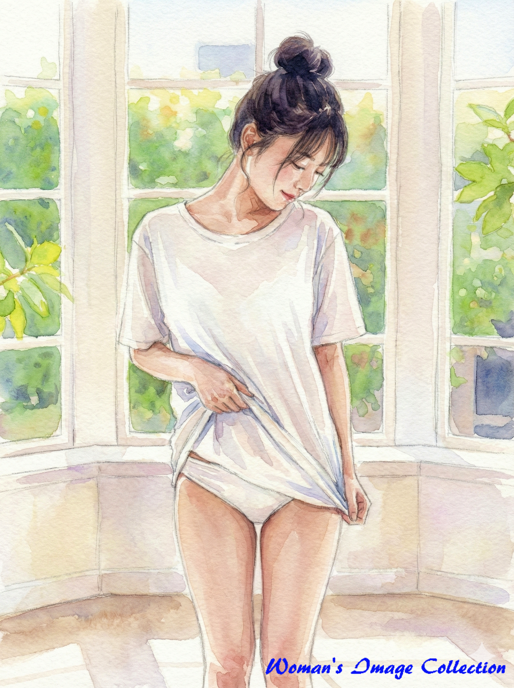 水彩画で描かれた白いTシャツ姿の女性バリエーション1