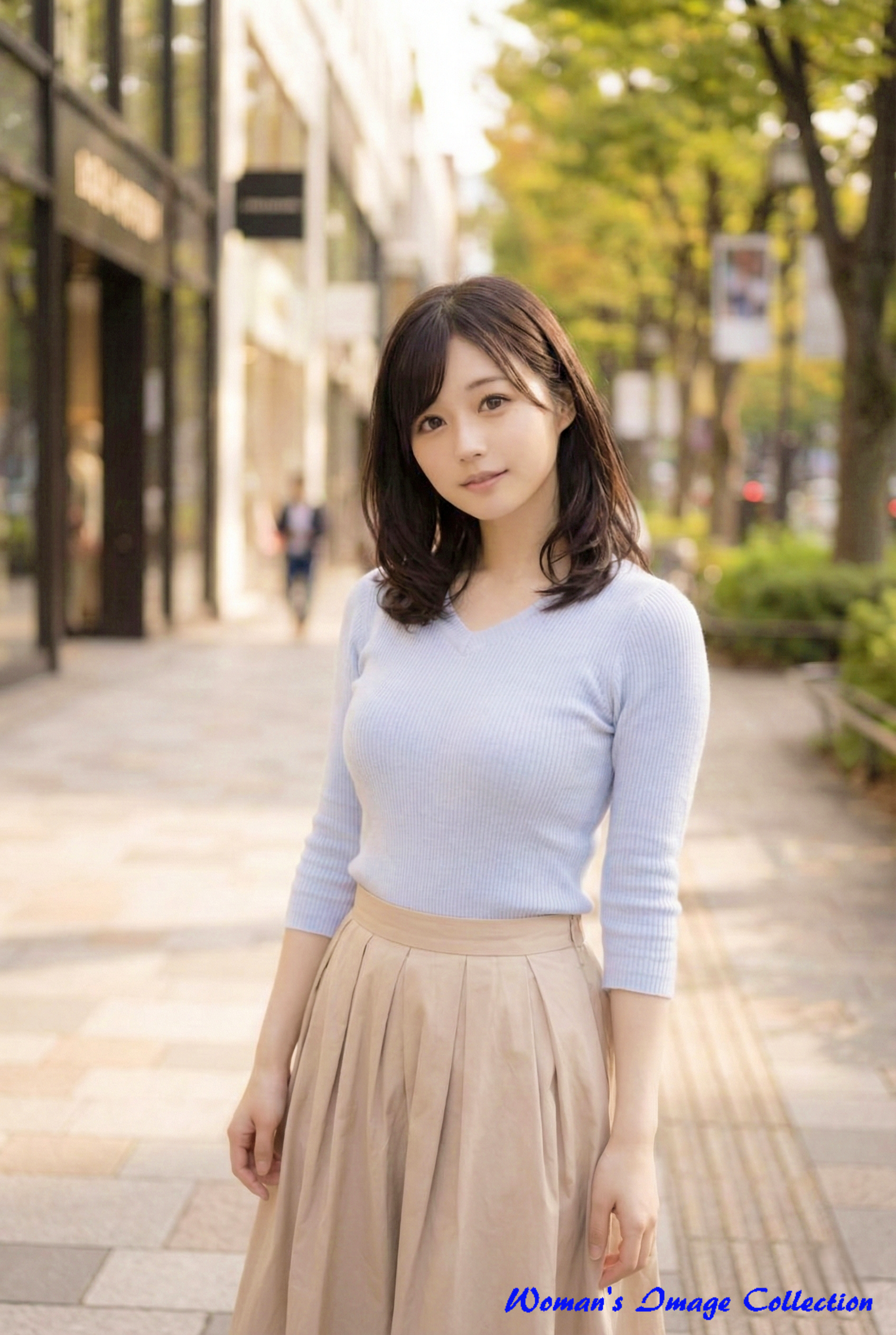 街角の並木道で微笑む水色のニットを着た女性のAI画像