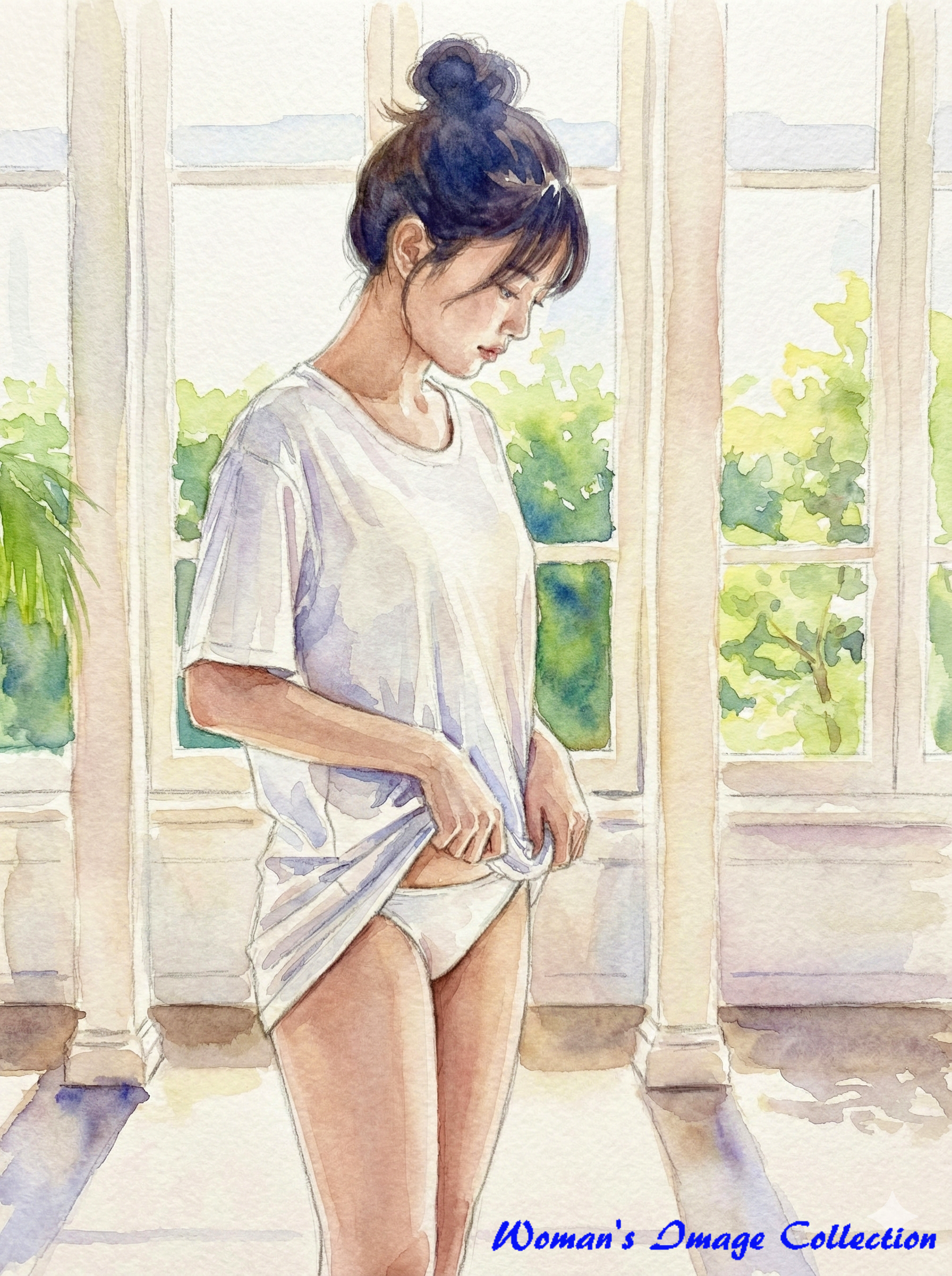 白い半袖の無地Tシャツを着た女性の水彩画風イラスト