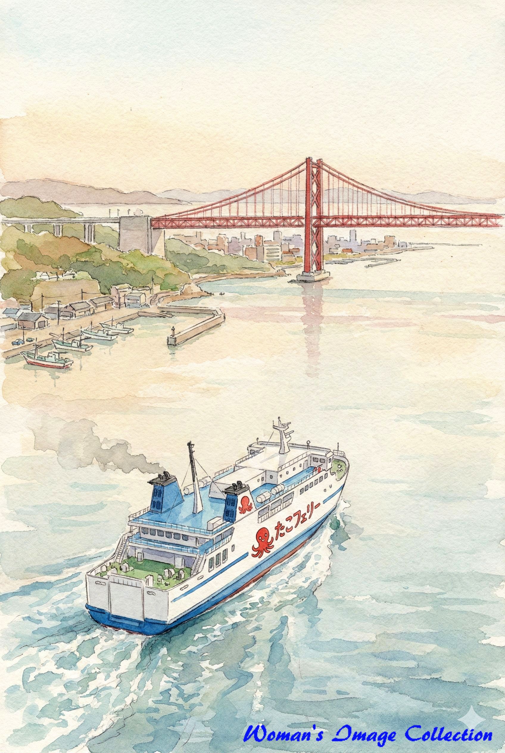 淡路から明石へと向かうタコフェリーのAIイラスト