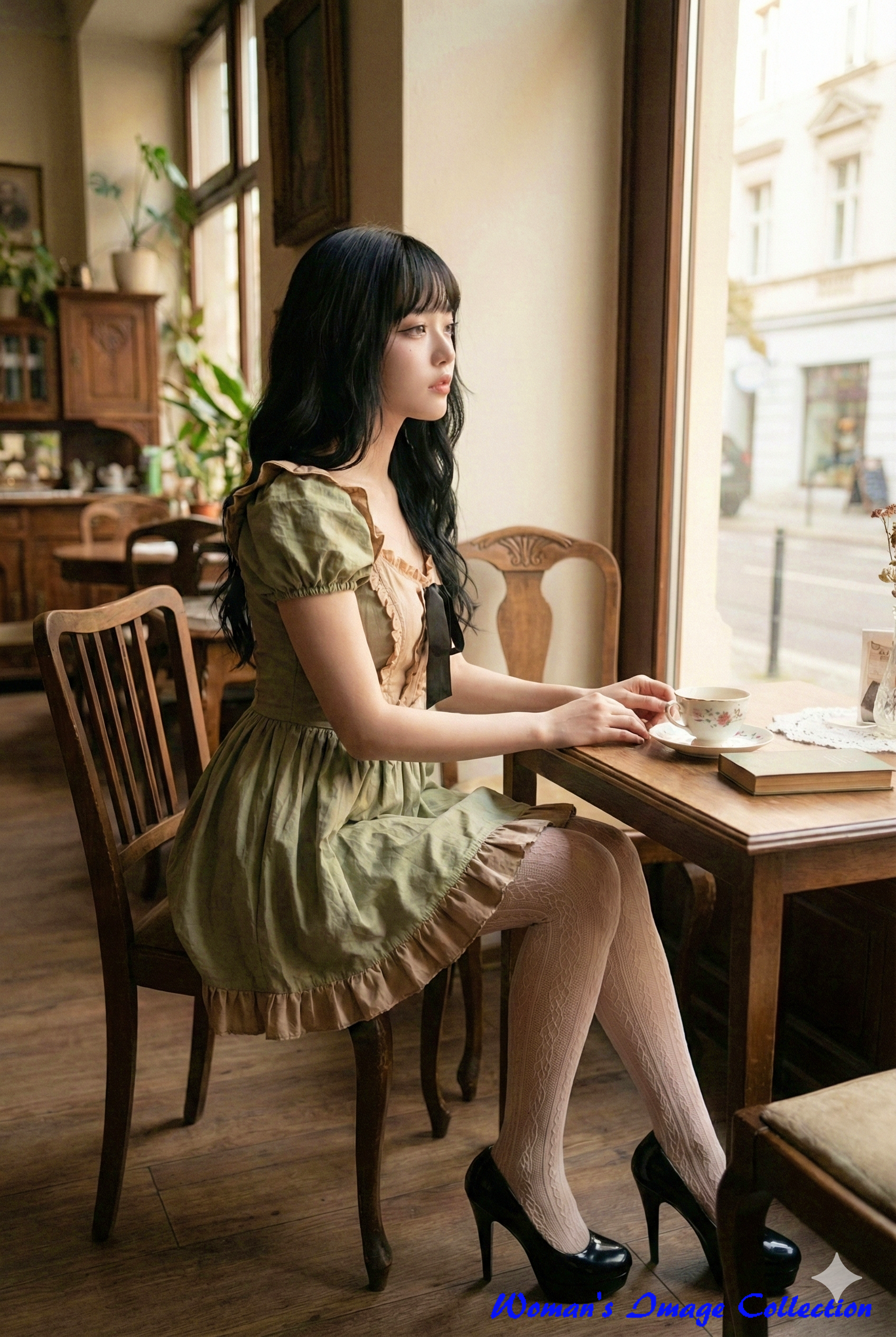 ヴィンテージのティーセットと植物のクローズアップ、マクロ撮影風