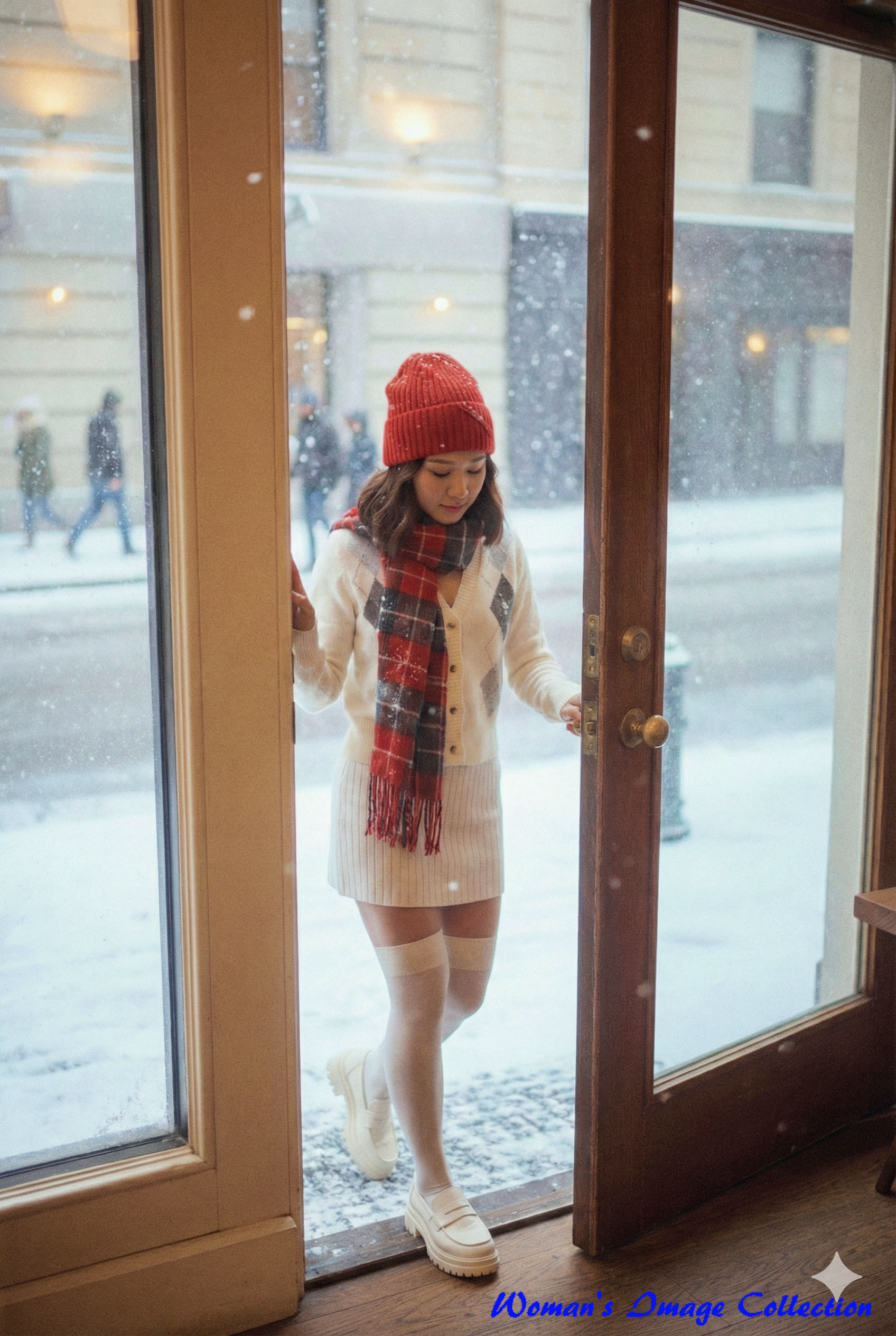 赤いニット帽を被り、雪降る街から温かな店内の木製フローリングへ一歩踏み出す女性