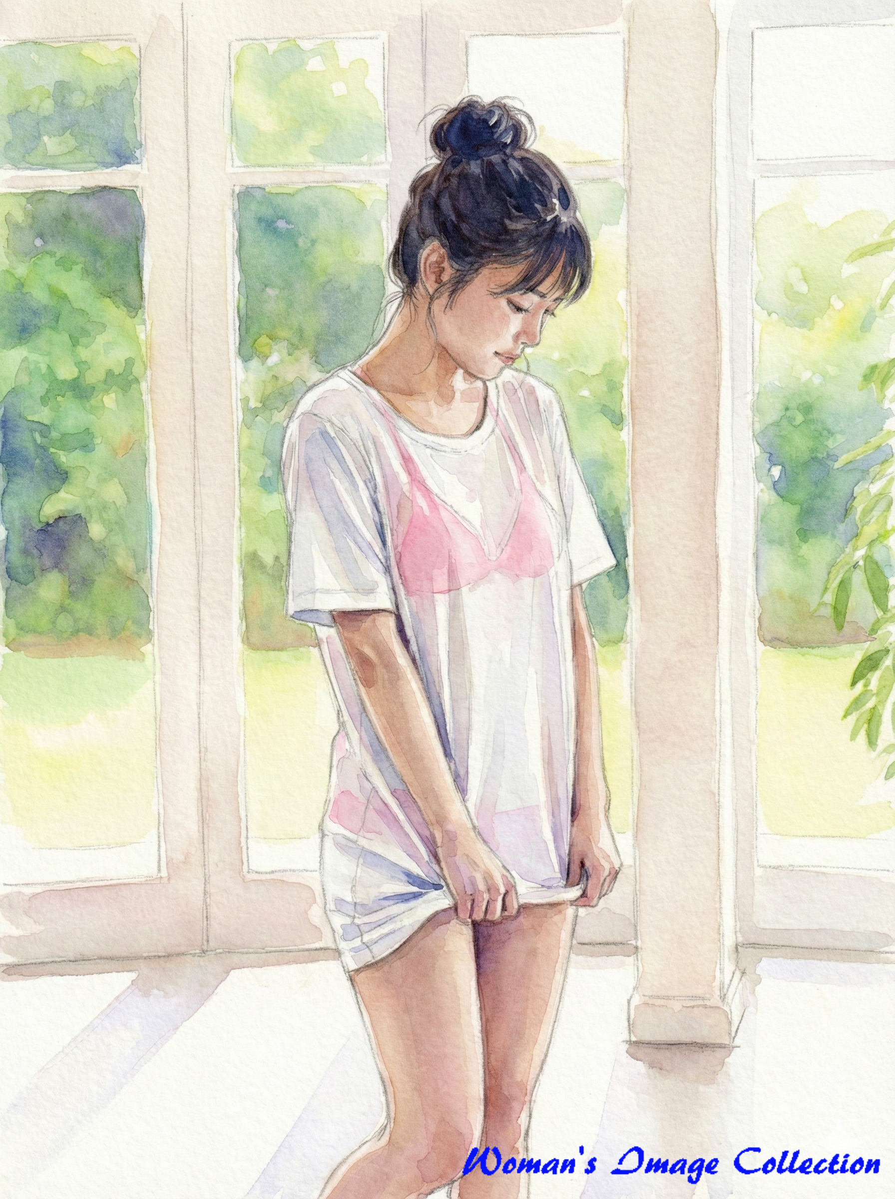 水彩画で描かれた白いTシャツ姿の女性バリエーション2