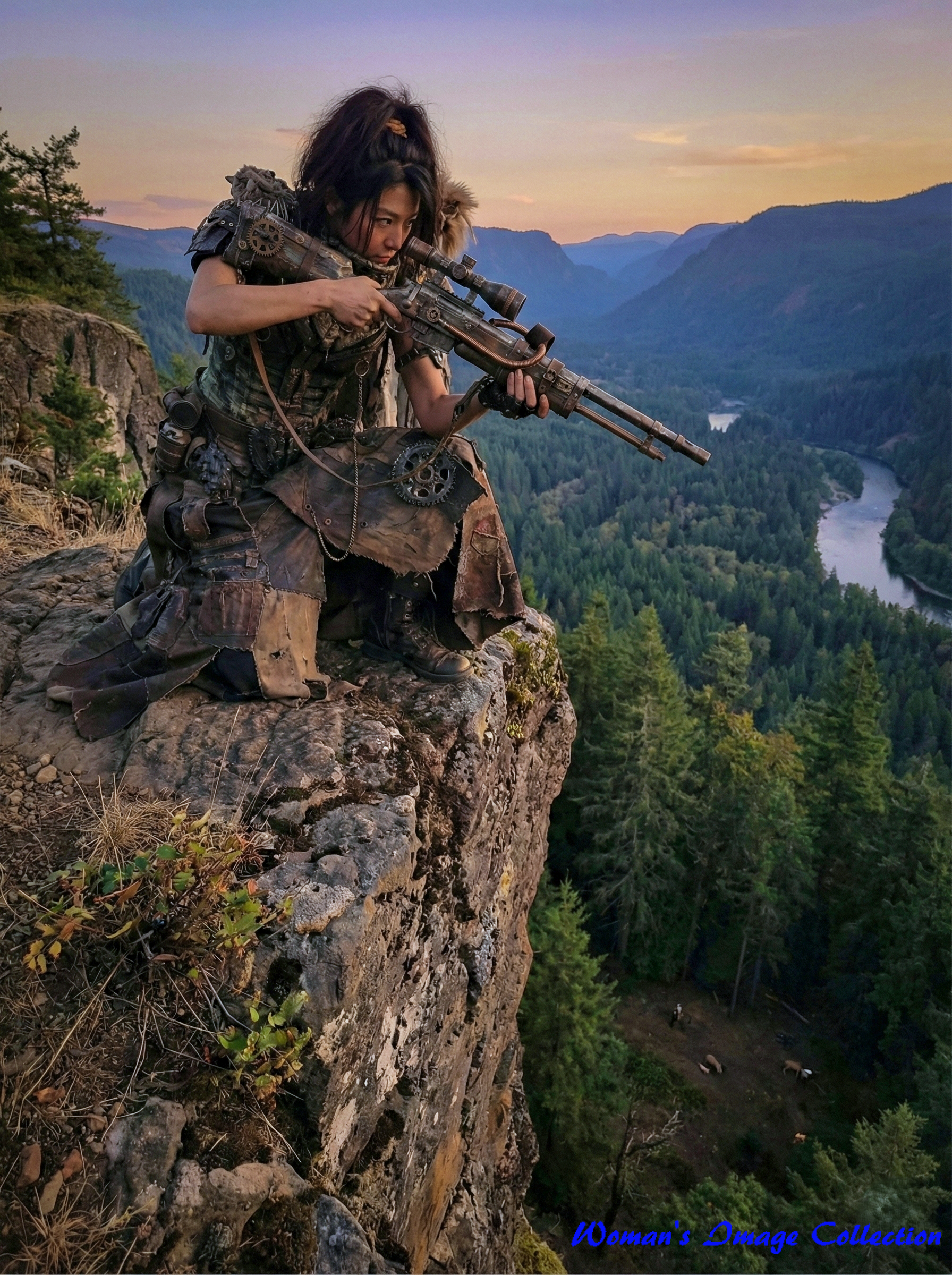 夕日の渓谷でライフルを構えるスチームパンク風女性戦士のAI画像