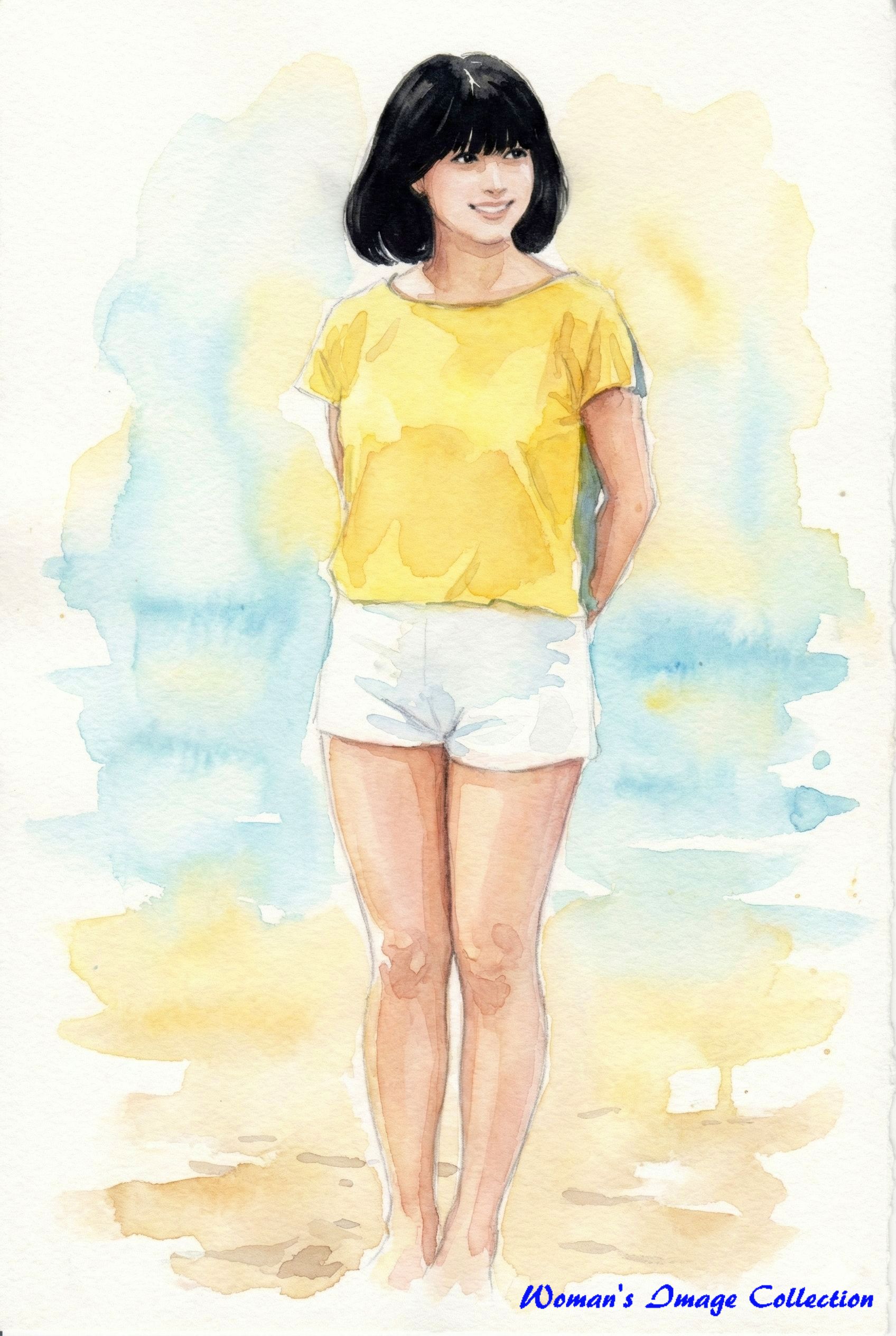 Tシャツとショートパンツ姿の女性のイラスト