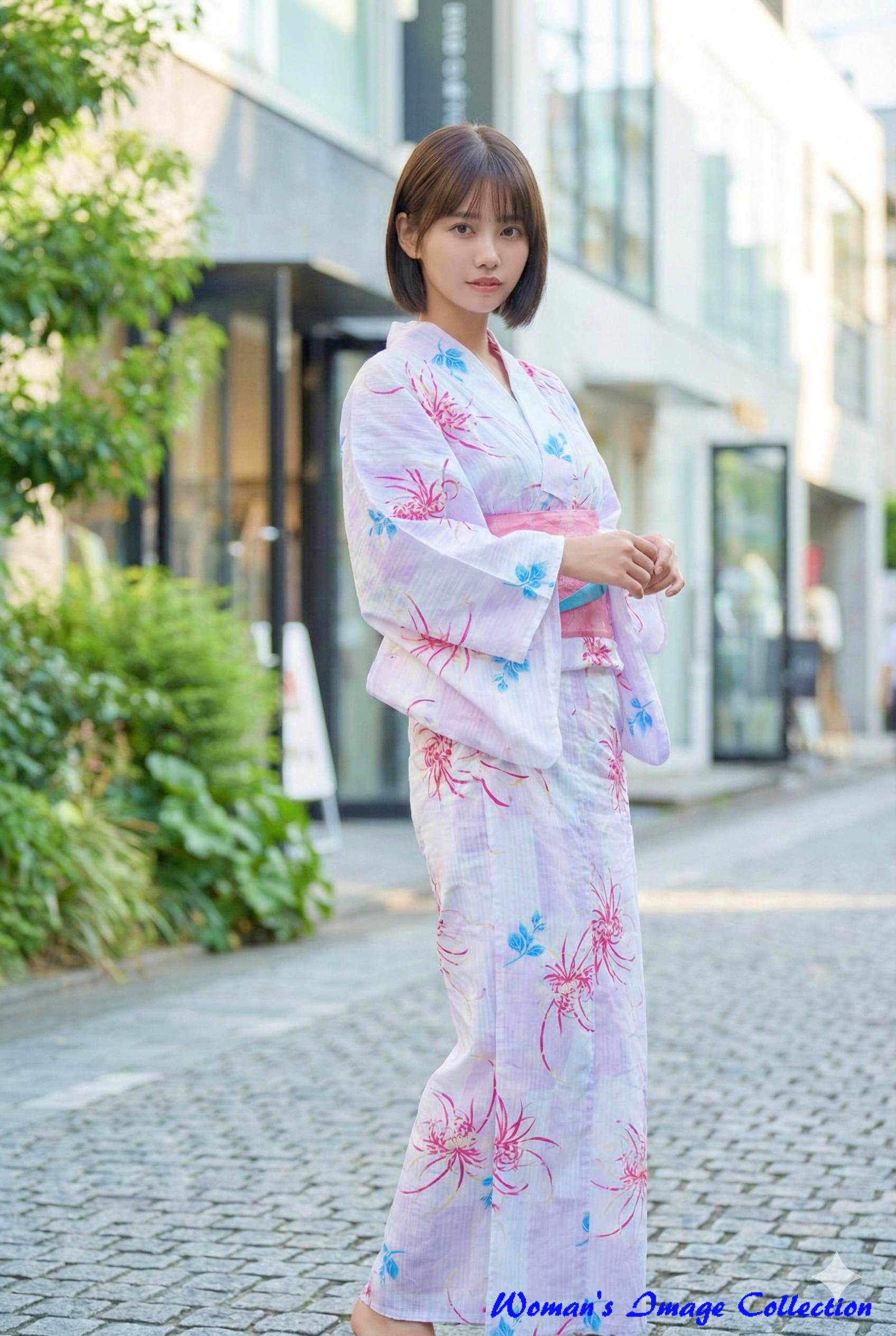 ショートボブの浴衣姿の女性のポートレート