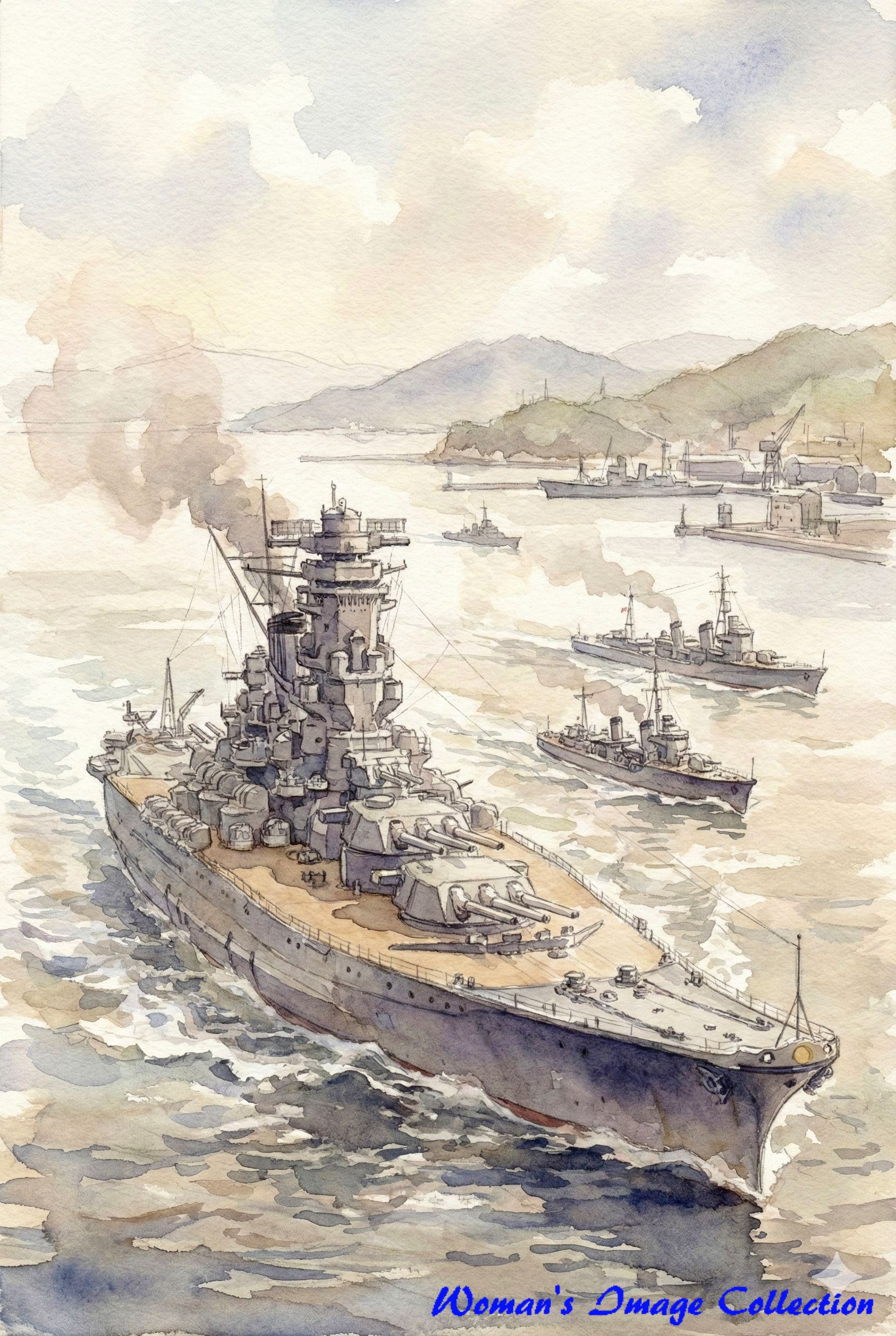 呉港を出る戦艦大和と護衛艦のAIイラスト