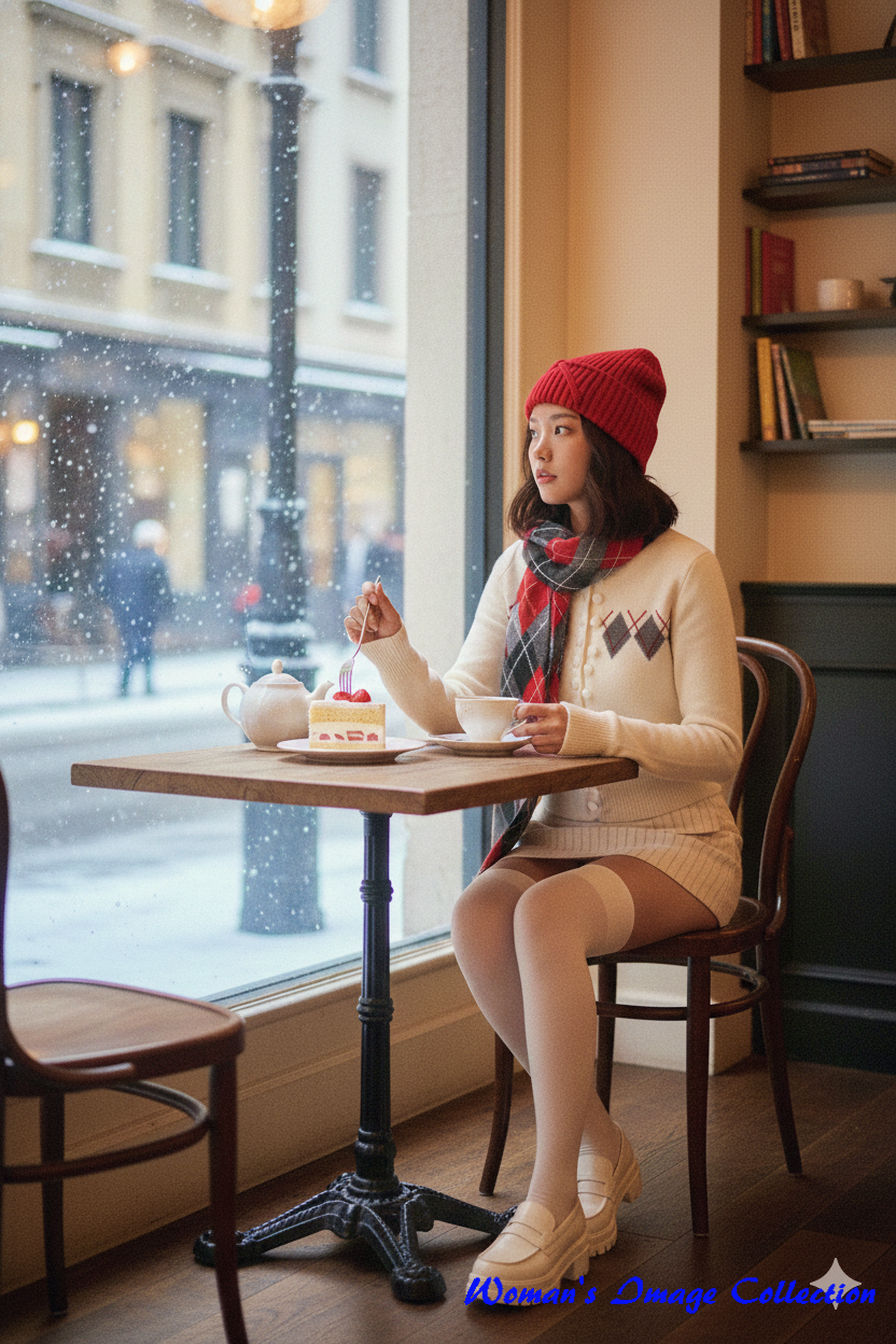 温かな店内で紅茶を飲みながらケーキを食べる女性のイラスト