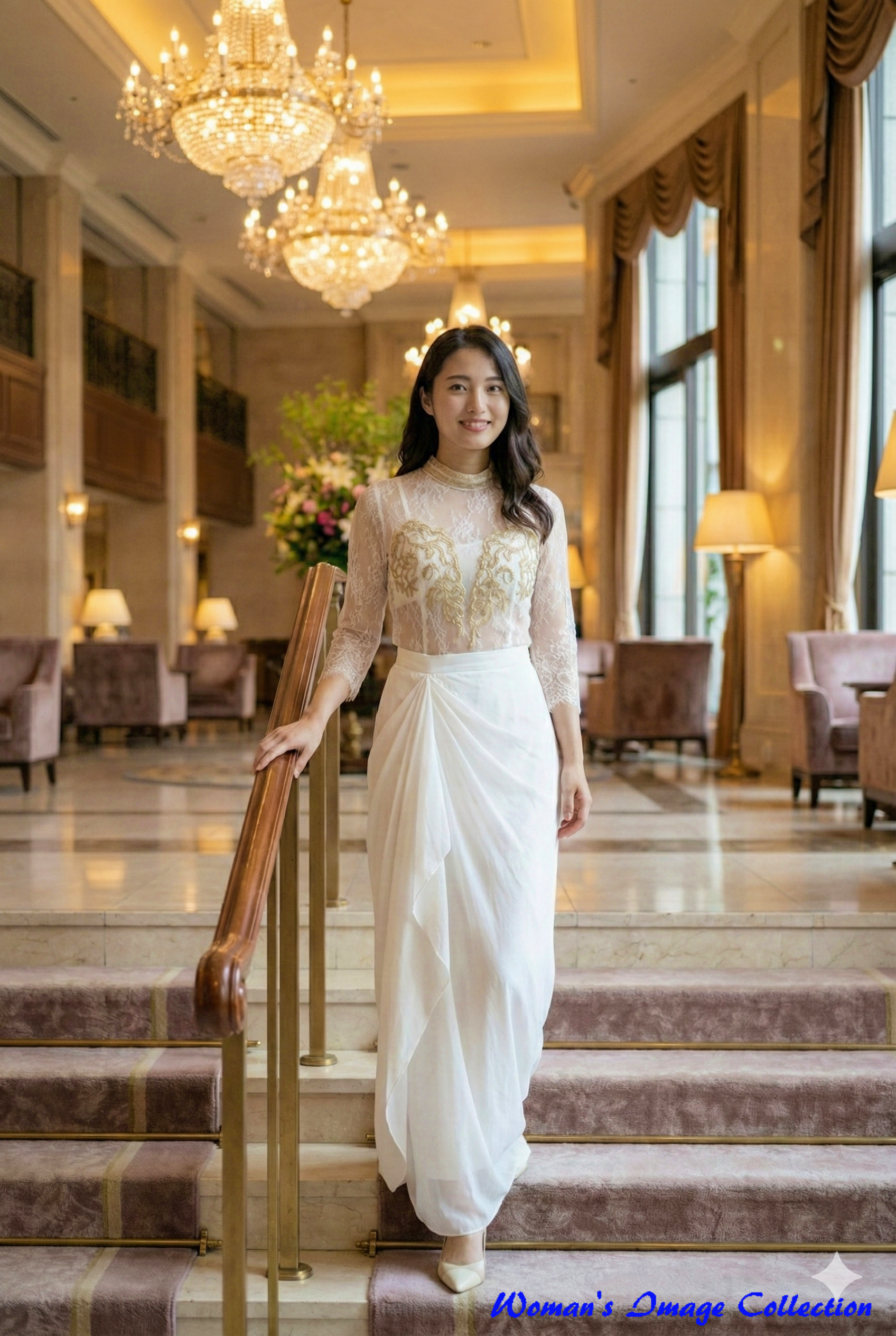 ホテルの階段を降りてくる白い衣装の女性