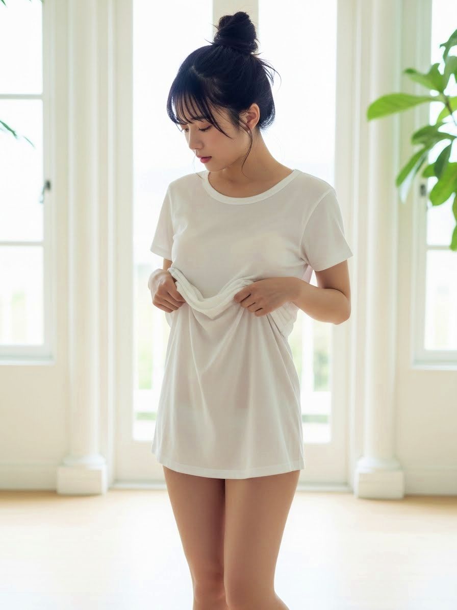 白い半袖の無地のTシャツをラフに着こなす女性のAI画像