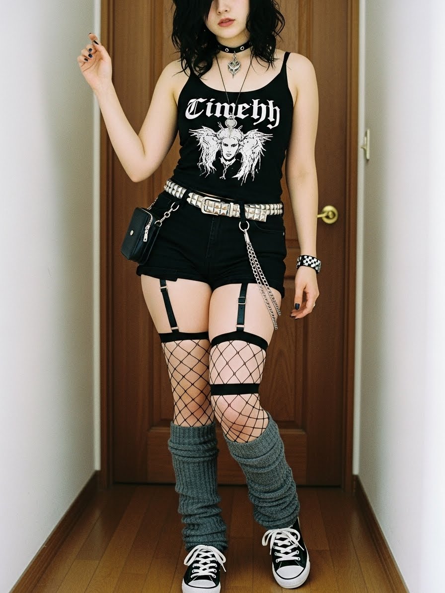 ゴシックパンク風のロックコーデに身を包んだ、日本人女性のクールな全身写真