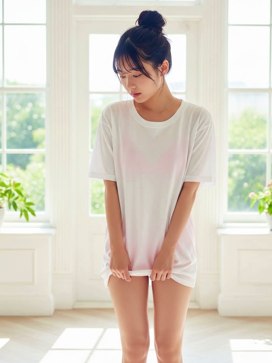 白い半袖の無地のTシャツをラフに着こなす女性のAI画像