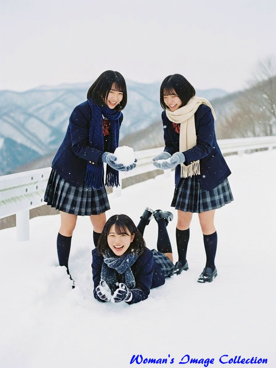 雪玉を掲げる冬服の女子高生