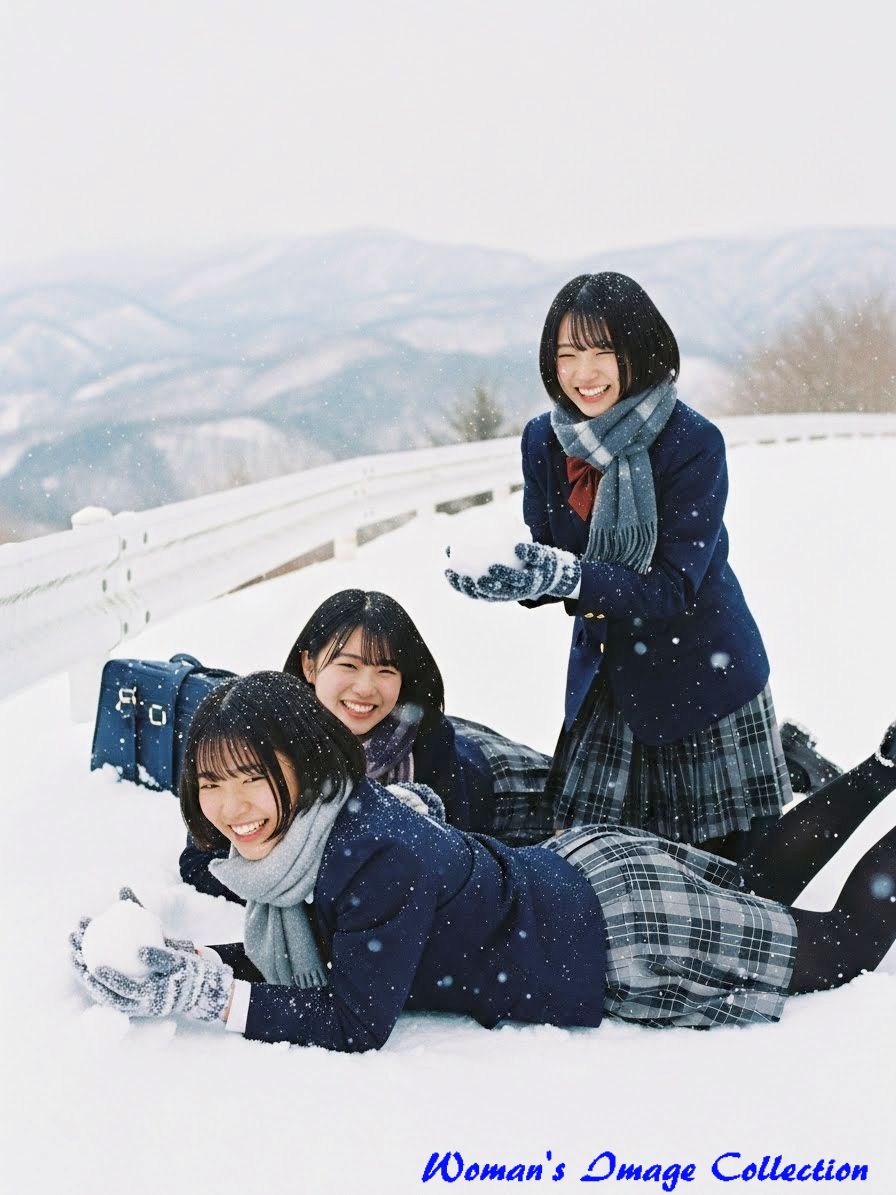 雪玉を掲げる冬服の女子高生