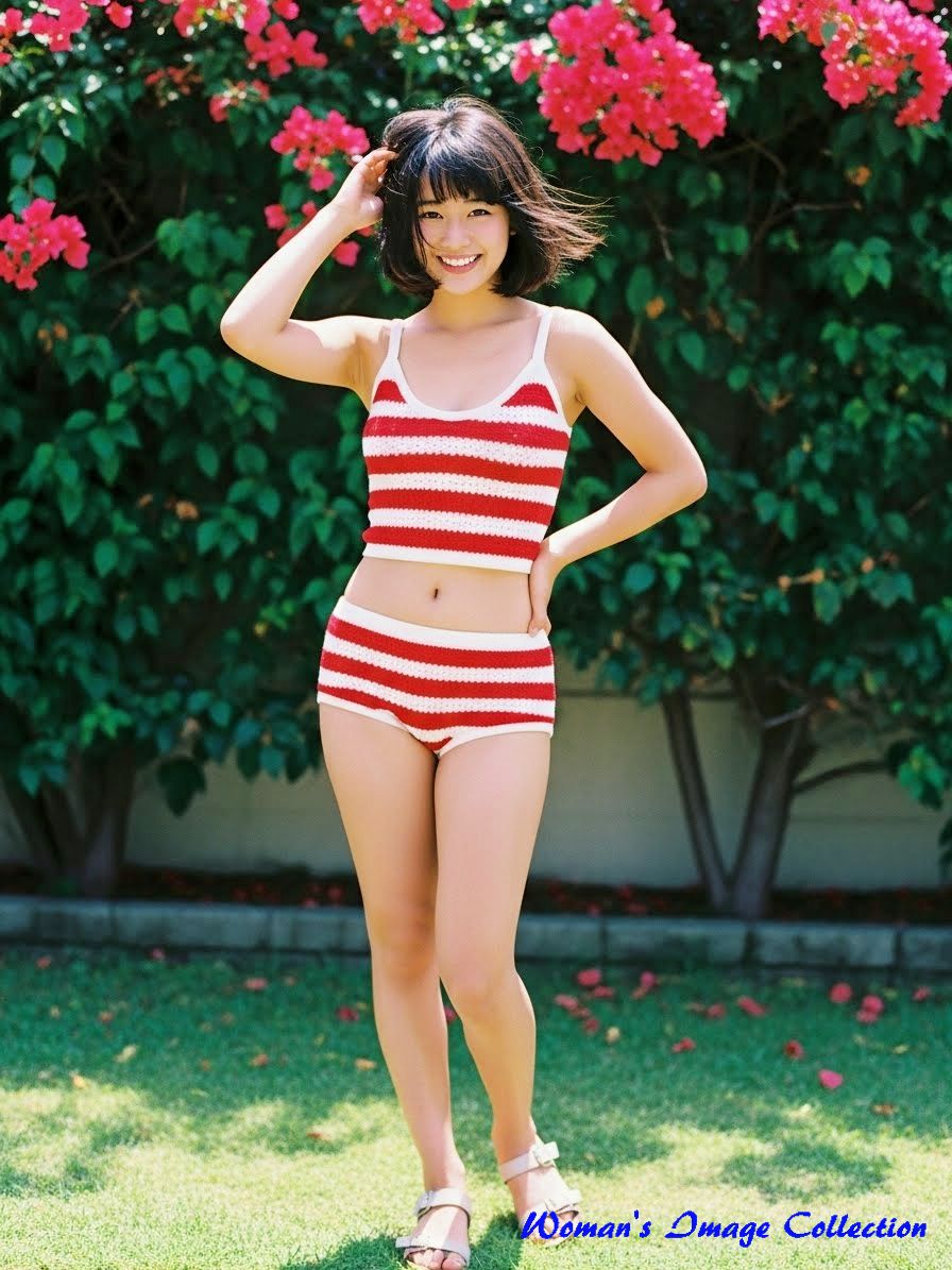 ブーゲンビリアの前で微笑むレトロスタイルの女性