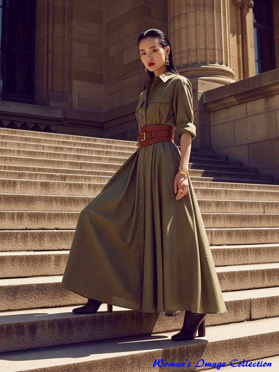 サファリドレスを着て博物館の階段を降りる日本人女性モデル