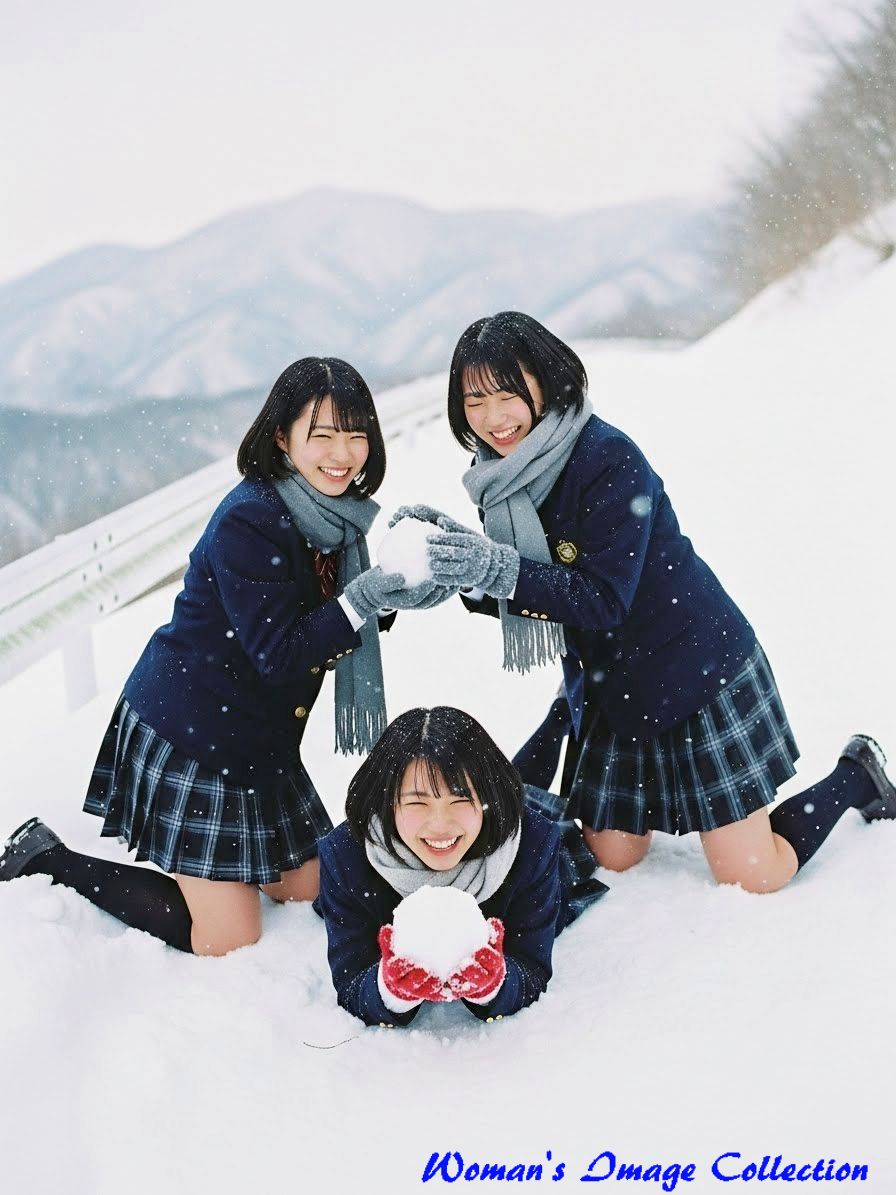 雪玉を掲げる冬服の女子高生
