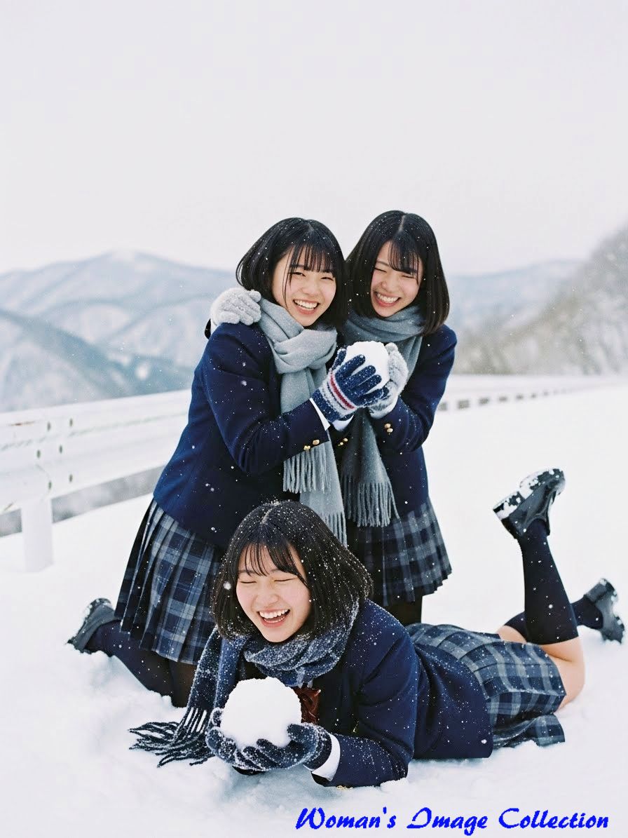 35mmフィルム風の雪景色と女子高生のグループショット