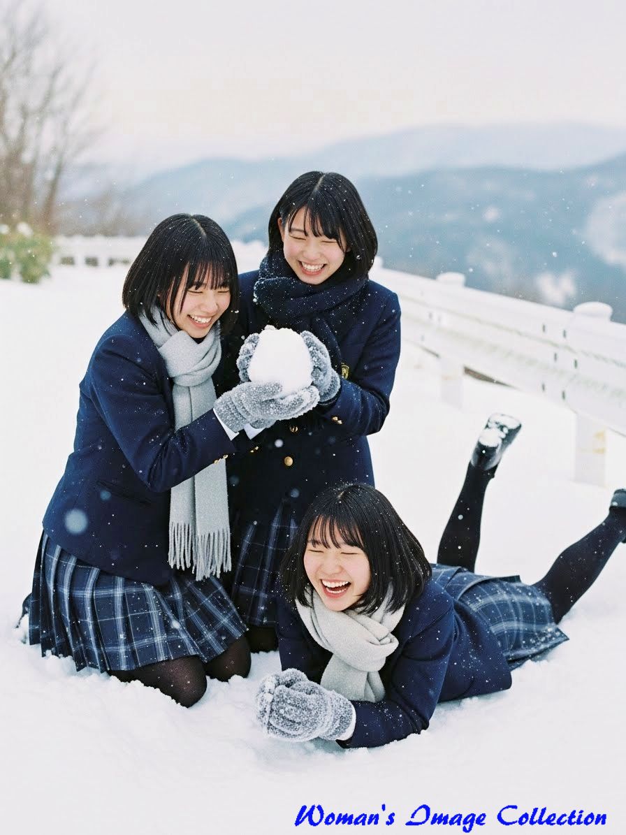 35mmフィルム風の雪景色と女子高生のグループショット