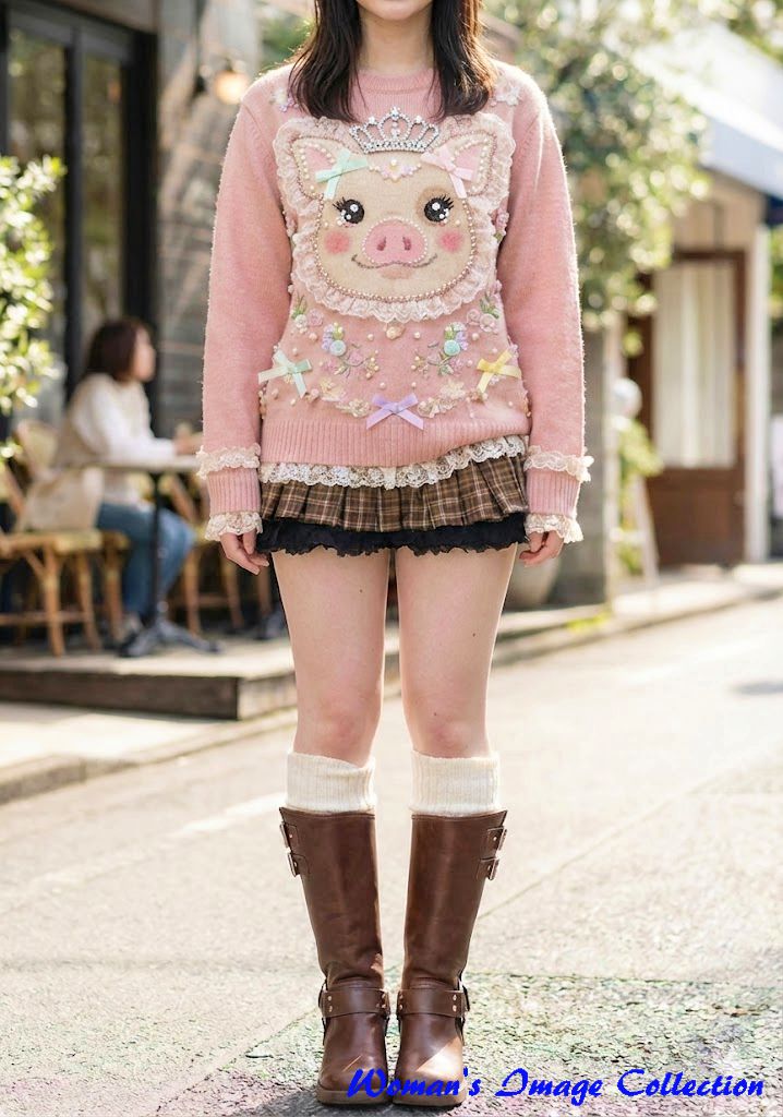 王冠をかぶった豚の立体刺繍が入ったピンクのニットを着た女性のAI画像