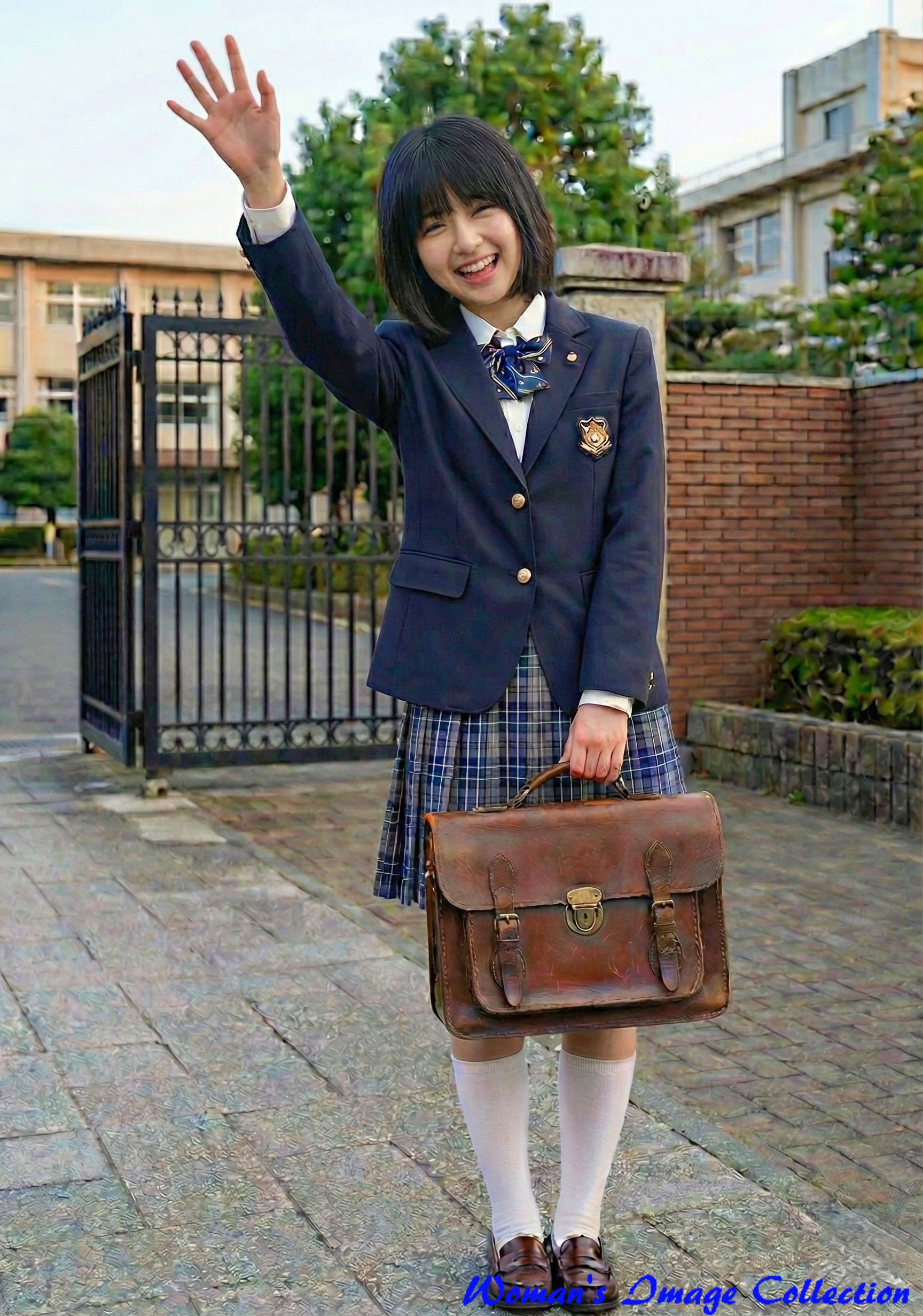 校門前で手を振る女子高生のバリエーション